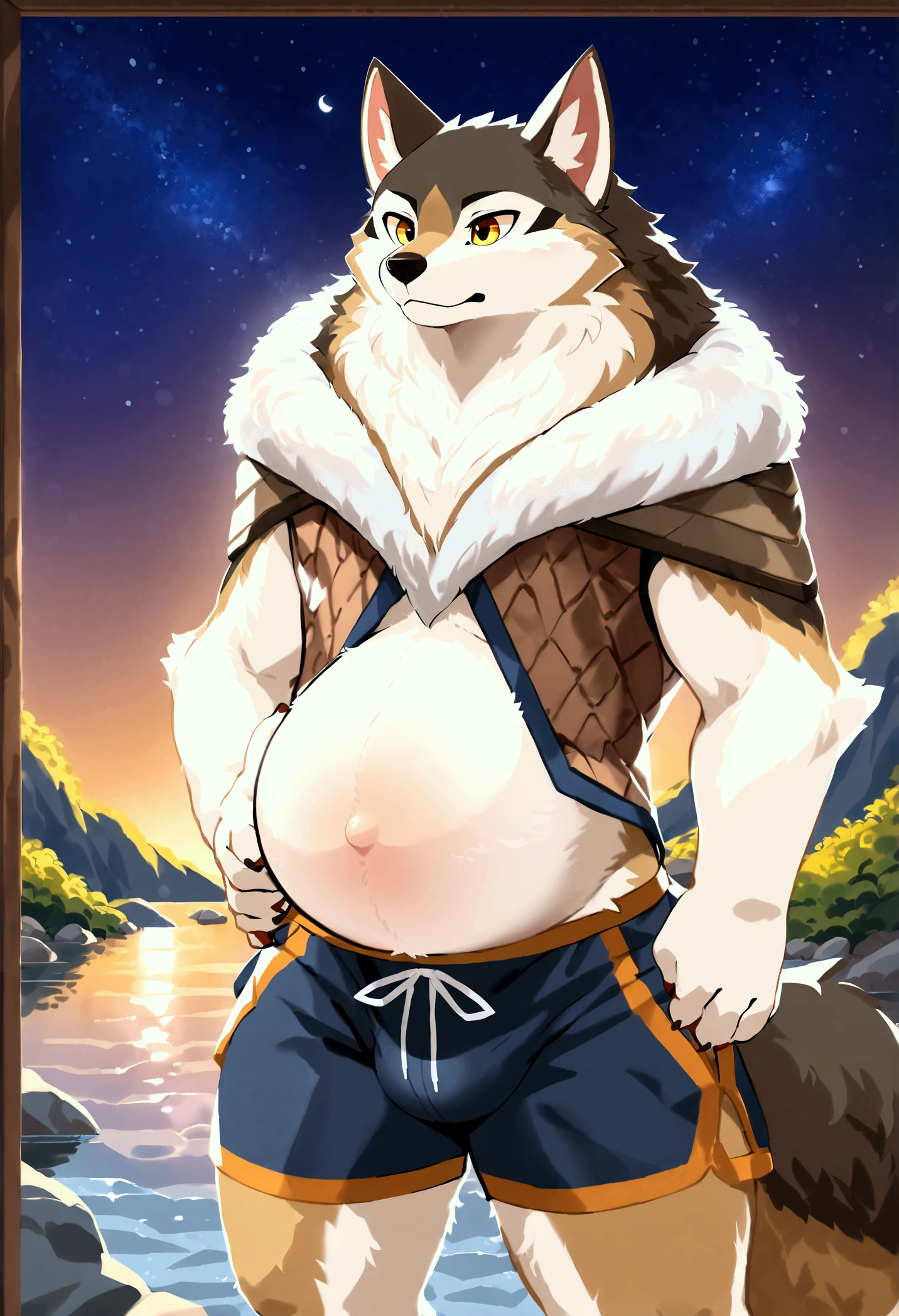 1boy, Fury, hairy, furry, Gray Shiba Inu, Body color light gray, White, Shiba Inu Orcs, bubble hot spring, hot spring background, blue eyes, steam, topless, bring towel, shy, blush, shy, yandere, fang, dog ears, gradient eyes, panorama, wide shot, high quality。Slightly fat