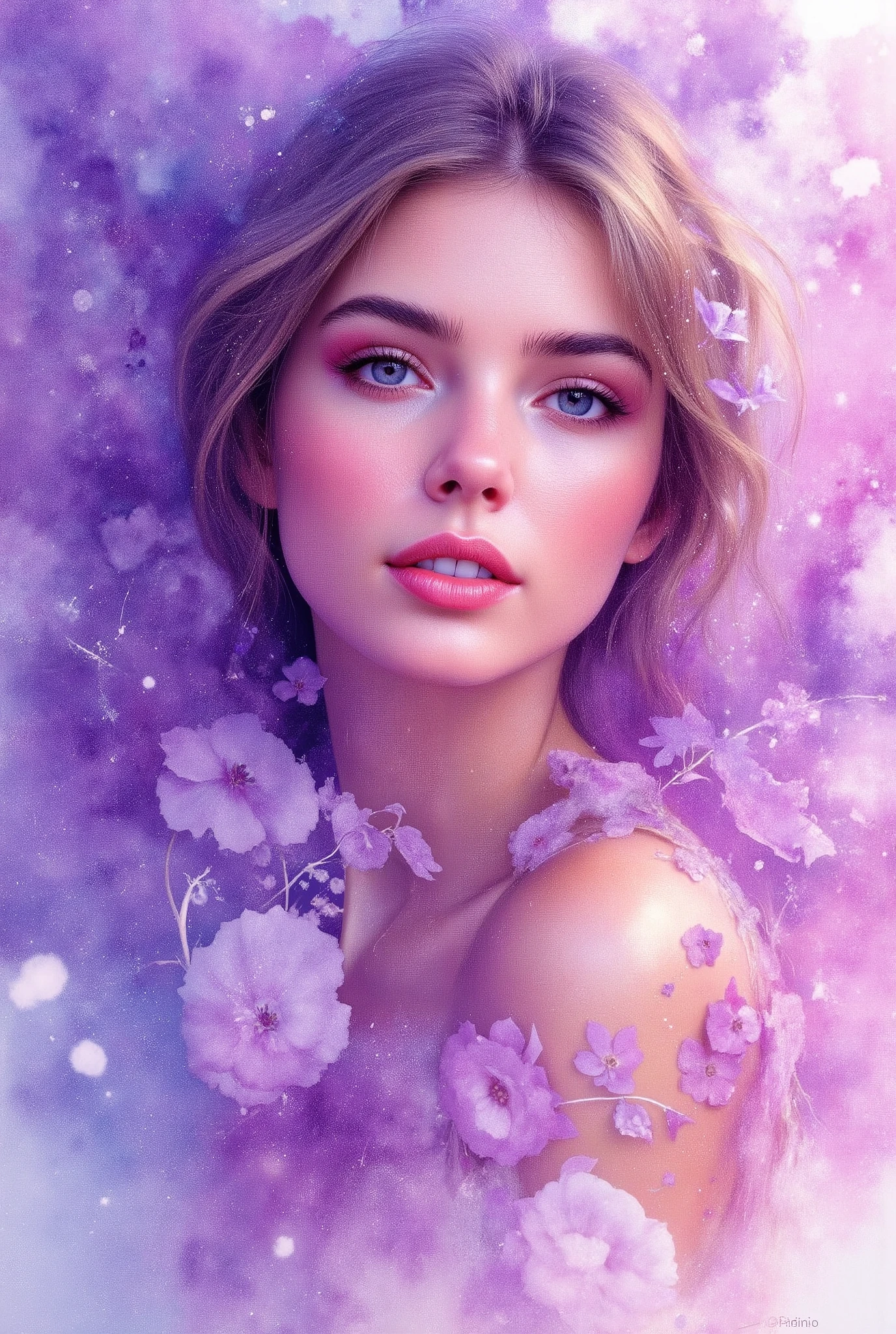 Create a watercolor painting featuring a young woman, inspired by the style of Agnes Cecil. Incorporate ink bleed effects and use a color palette dominated by purple and pink hues.