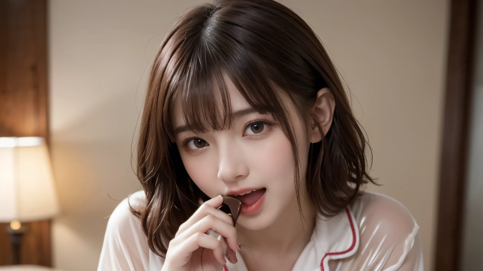 Valentine's day, in a room with cuty decorations, dressed in comfortable flully pajamas, she opens her mouth wide and tried to eat a large piece of chocolate cake she is holding, heart is pounding with tension, blushing, being embarrassed, laughing, short length hair, brown red hair, hair is a little wet, beautiful white-colored translucent skin, gramolous figure, a little chubby, sexy, adult sexiness, alluring, glossy face, shy but endearing expressions, cold and shivering, hands reaching out toward here, {realistic}, {cinematic}, {photogenic}, {photorealistic}, {4K resolution}, {cinematic}, {dramatic}