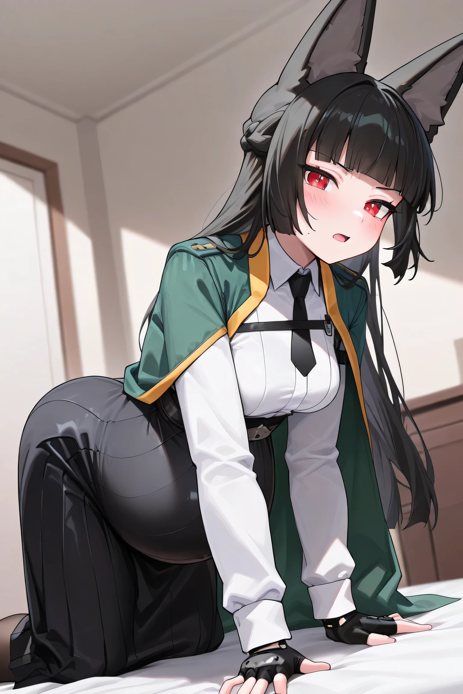(Best quality, 4k, 8k, high resolution, masterpiece:1.2), ultra detailed, intricate details,SOLO,beautiful girl, alone, middle hair, black hair, blunt bangs, red eyes, small-medium breasts, perfect smooth skin, looking at viewer, serious, head tilted, (Pregnant:1.2), Hoshimi Miyabi, at house on bed, black stocking high-waist, open mouth, serious, blush, white Uniform, fox ear, green cloak, black Tie,black Side-slit skirt, black fingerless glove, (lustful_expression:1.0), Twicth Fox Ear, excited, All fours position