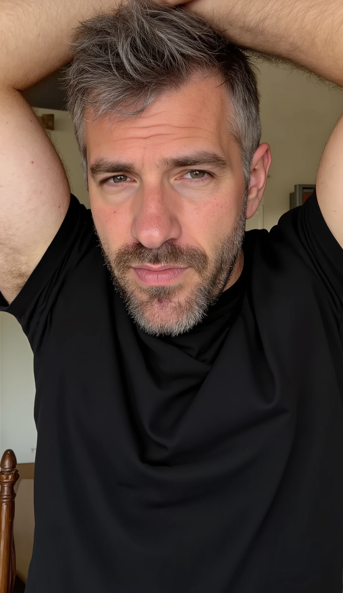masterpiece, best quality, high resolution,FULL UPPER BODY portrait, male focus, solo focus, A man, 30đyears old, with priest uniform, priest clothes, priest father, silver grey hair, messy hairstyle, cute and seductive face, bare chest, body hair, facial hair, HAIRY ARMPITS RAISED ARMS, MOUSTACHE, roman nose, scruffy, hairy abs, skinny body, hairy legs, dimples, beard, bold jawline , in the background a church back room, scruffy beard, view from below, amazing composition, front view, HDR, ultra quality, elegant, highly detailed, sexual tension, seductive
