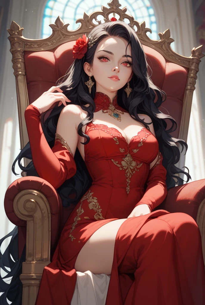 1girl, beautiful, vampire goddess, brunette very long hair, red eyes, sexy body and big breast, wearing a sexy red dress, ultrasharp, looking at the viewer, ((best quality)), ((masterpiece)), (detailed), perfect face,