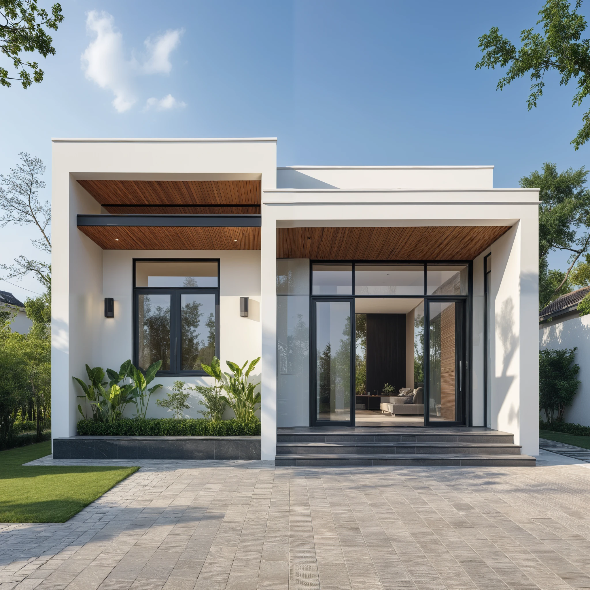 1 morden WHITE house,1large yard, 1 road runs in front of the house, (RAW photo, real, best quality, masterpiece:1.2), look morden minimalist, 1 road in front of the house, the exterior of an elegant single family home features large windows, ((a dark gray door frame)), dynamic lighting:1.3, (hyper realistic, photo-realistic:1.2), high quality, (dark lighting:1.2), perfect lighting, archdaily, no human, light at 12 noon, warm light in door:1.4, blue sky:1.3, shimering lighting:1.2,
