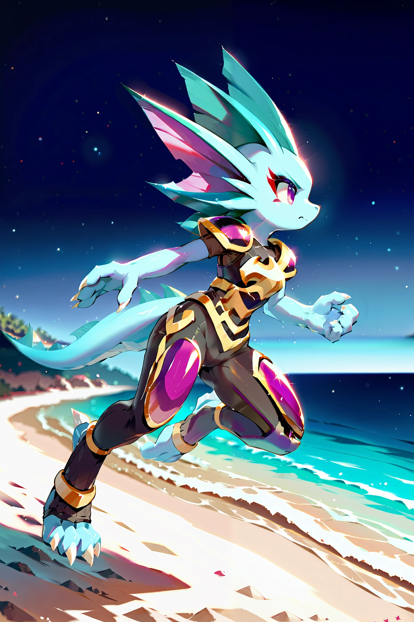 Anime, ((anime style)), ((side view)), solo drawing, solo ((at a beach at night)), ((running from left to right)), ((night sky)), ((star filled sky)), ((vivid purple eyes)), ((draconic ear fins)), ((head fin)), ((tall figure)), ((blank expression)), ((digitigrade legs)), ((digitigrade feet with four toes)), ((highly detailed anime style)), clean lines, claws, Merga from freedom planet 2, female, light armor, ((blue skin)), ((blue hands)), black armor with gold trim, white claws, short muzzle, leg armor, ankle armor, ((black leggings under armor)), hands at sides