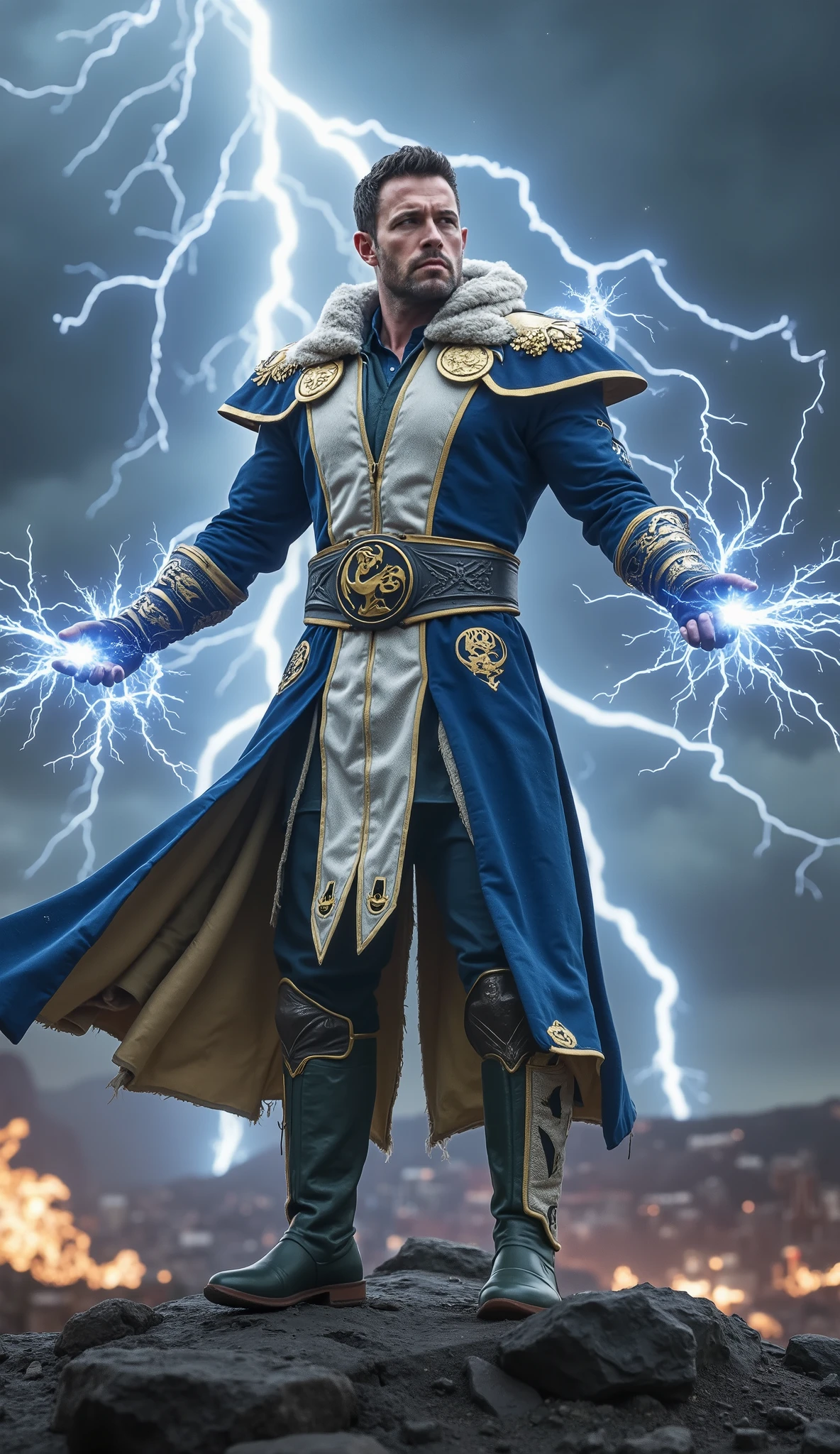 Ben Affleck como Raiden – O Deus do Trovão Implacável ⚡👑
Ben Affleck assume o papel de Raiden, bringing an austere presence , powerful and majestic for the God of Thunder in Mortal Kombat . In the midst of a stormy sky , where thunder echoes and lightning cuts through the dark clouds , he stands on top of an ancient temple , his white cloak undulating with the force of electric winds . His eyes shine in heavenly blue , emanating pure energy as your voice resounds like distant thunder .
Wearing the white and blue sacred cloak , with golden details that symbolize your divinity , Affleck incorporates a more imposing and strategic Raiden , carrying the weight of responsibility as protector of the Earth Kingdom . His face is serious and calculating , as a leader who has seen countless battles and knows the sacrifices needed to win.
When the fight begins , he moves like lightning , disappearing and reappearing in bundles of electricity , his blows charged with pure elemental energy . Each punch releases electrical discharges , each kick is accompanied by devastating sparks . Your iconic lightning flight tears the field of battle , throwing the adversary back with a colossal force .
At the height of the battle , seu Fatality é digno de um Deus: he raises his arms to the sky , invoking a lightning storm involving the enemy . with a cold and determined look , he shoots a concentrated divine ray , reducing the opponent to ashes in a burst of pure heavenly energy .