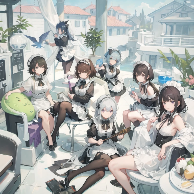 Five women in maid outfits surround a man，charming depiction，Lively and dynamic，Man taking red envelope，Handing out red envelopes to women dressed as maids