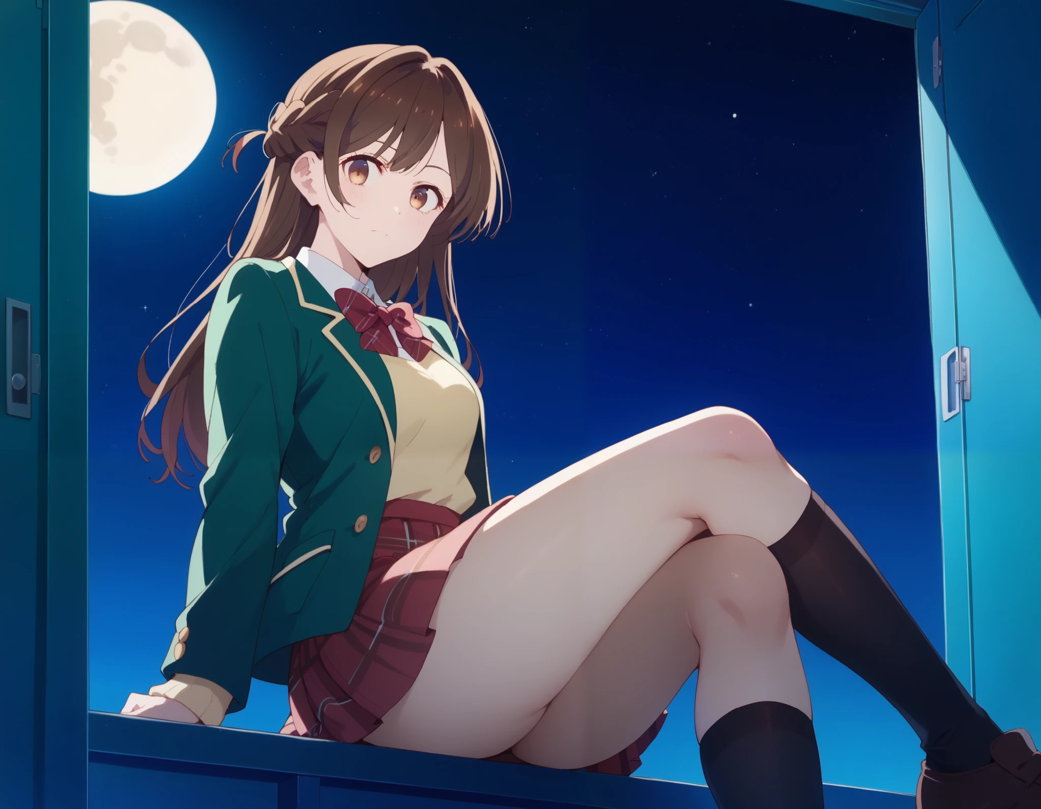 and stare at the viewer, Alone, Chizuru Ichinose, 1 girl, brown hair, long hair, French Braid , brown eyes, School, green jacket, yellow sweater , bow tie, plaid skirt that breaks small breasts, red skirt, Black Sox, In a completely dark room, locker, window_,Midnight circa 12:00 , Moon and Stars, close-up shot、Thick, puny thighs、 holding your knee