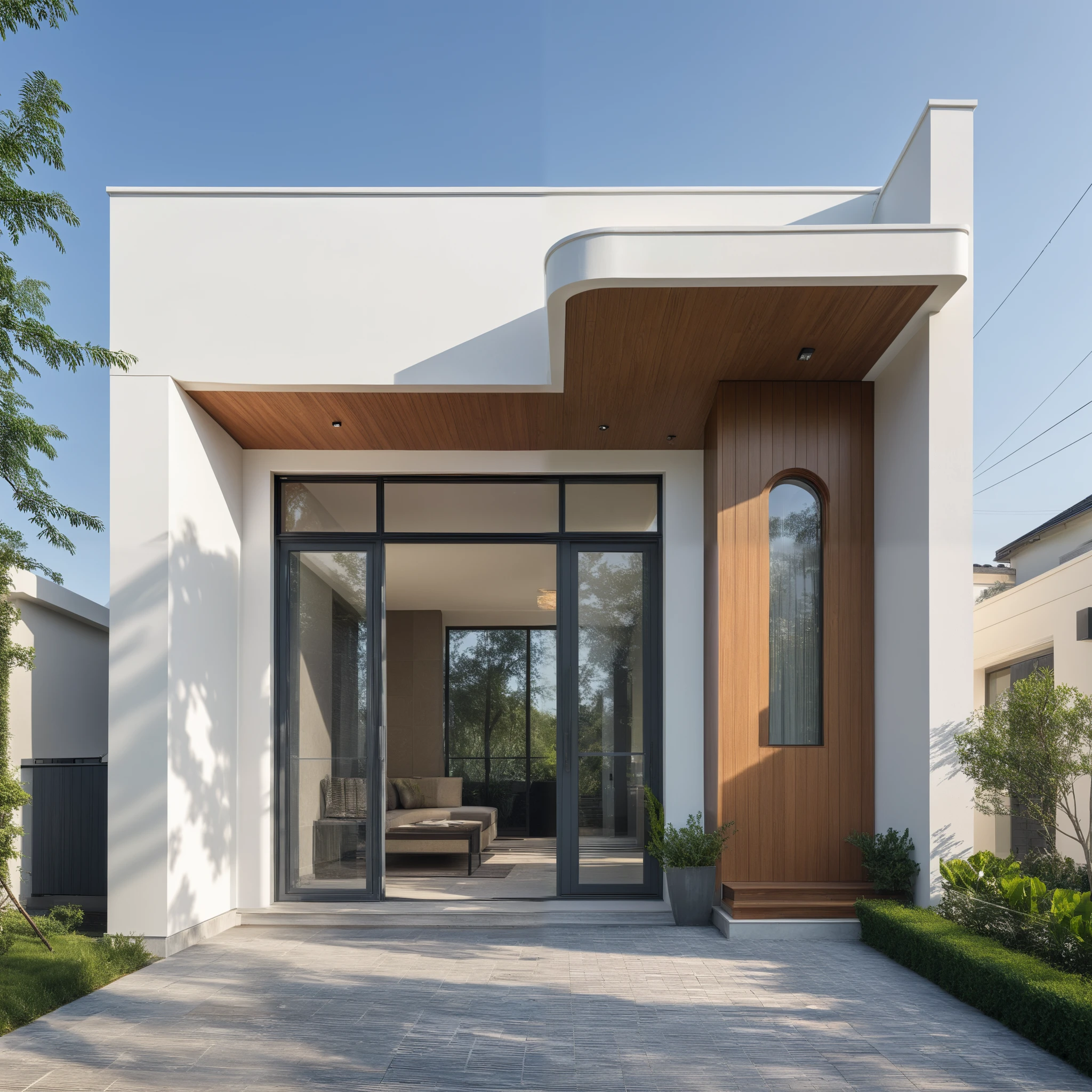 1 morden WHITE house,1large yard, 1 road runs in front of the house, (RAW photo, real, best quality, masterpiece:1.2), look morden minimalist, 1 road in front of the house, the exterior of an elegant single family home features large windows, ((a dark gray door frame)), dynamic lighting:1.3, (hyper realistic, photo-realistic:1.2), high quality, (dark lighting:1.2), perfect lighting, archdaily, no human, light at 12 noon, warm light in door:1.4, blue sky:1.3, shimering lighting:1.2,