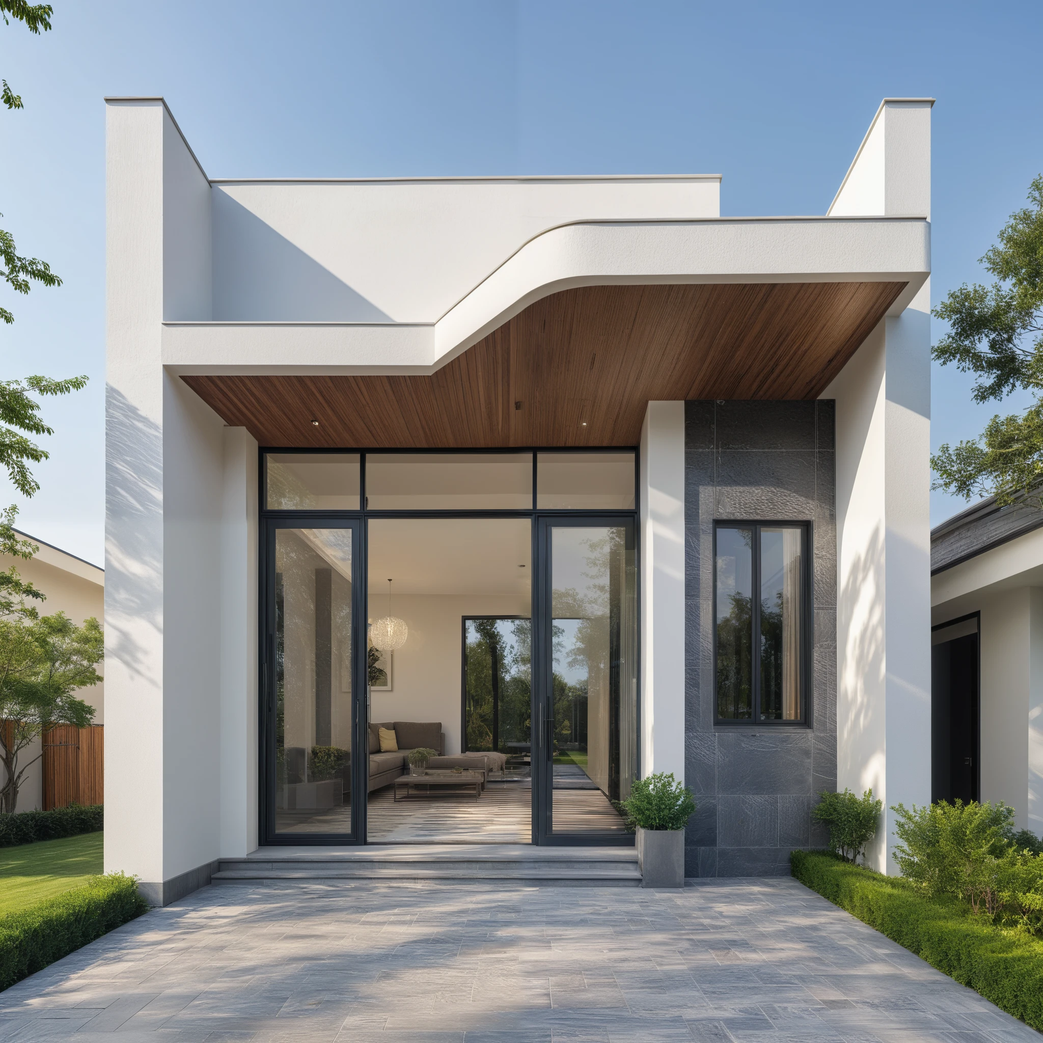 1 morden WHITE house,1large yard, 1 road runs in front of the house, (RAW photo, real, best quality, masterpiece:1.2), look morden minimalist, 1 road in front of the house, the exterior of an elegant single family home features large windows, ((a dark gray door frame)), dynamic lighting:1.3, (hyper realistic, photo-realistic:1.2), high quality, (dark lighting:1.2), perfect lighting, archdaily, no human, light at 12 noon, warm light in door:1.4, blue sky:1.3, shimering lighting:1.2,
