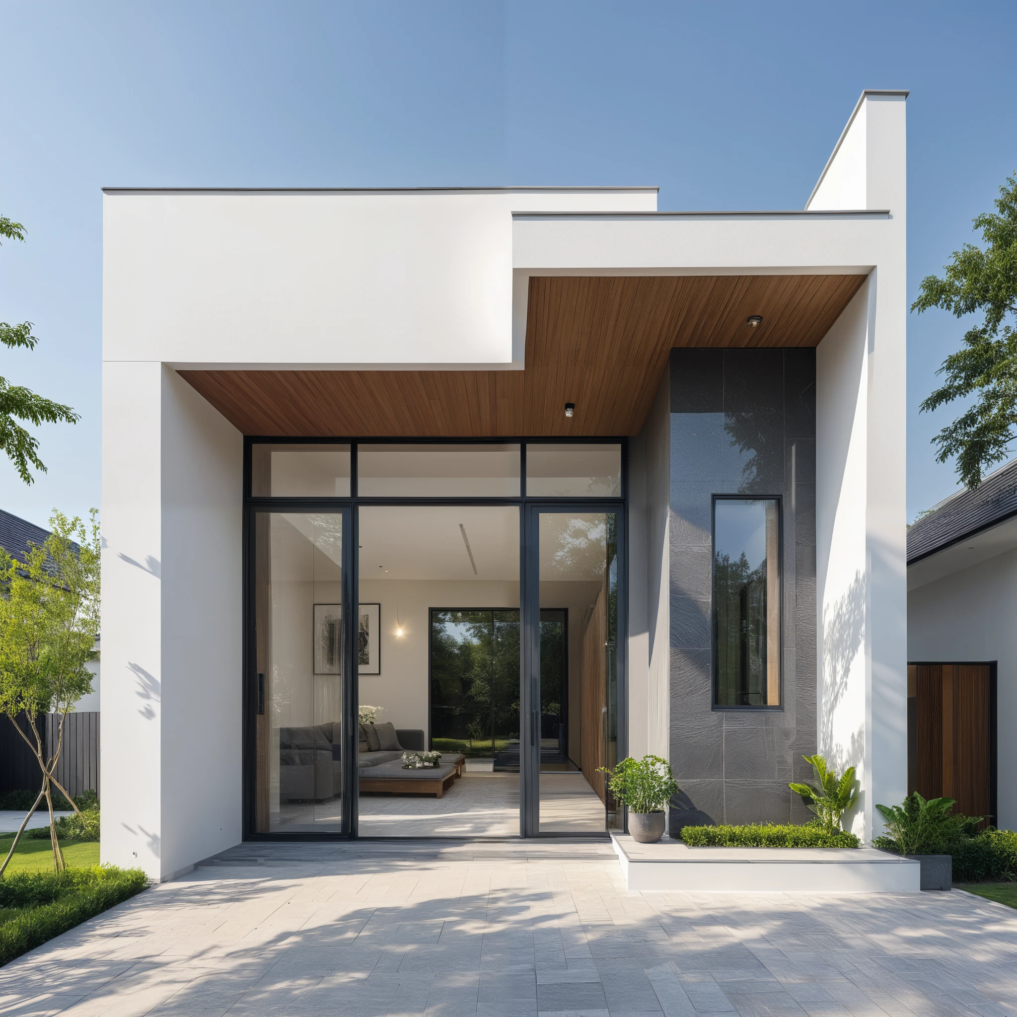 1 morden WHITE house,1large yard, 1 road runs in front of the house, (RAW photo, real, best quality, masterpiece:1.2), look morden minimalist, 1 road in front of the house, the exterior of an elegant single family home features large windows, ((a dark gray door frame)), dynamic lighting:1.3, (hyper realistic, photo-realistic:1.2), high quality, (dark lighting:1.2), perfect lighting, archdaily, no human, light at 12 noon, warm light in door:1.4, blue sky:1.3, shimering lighting:1.2,