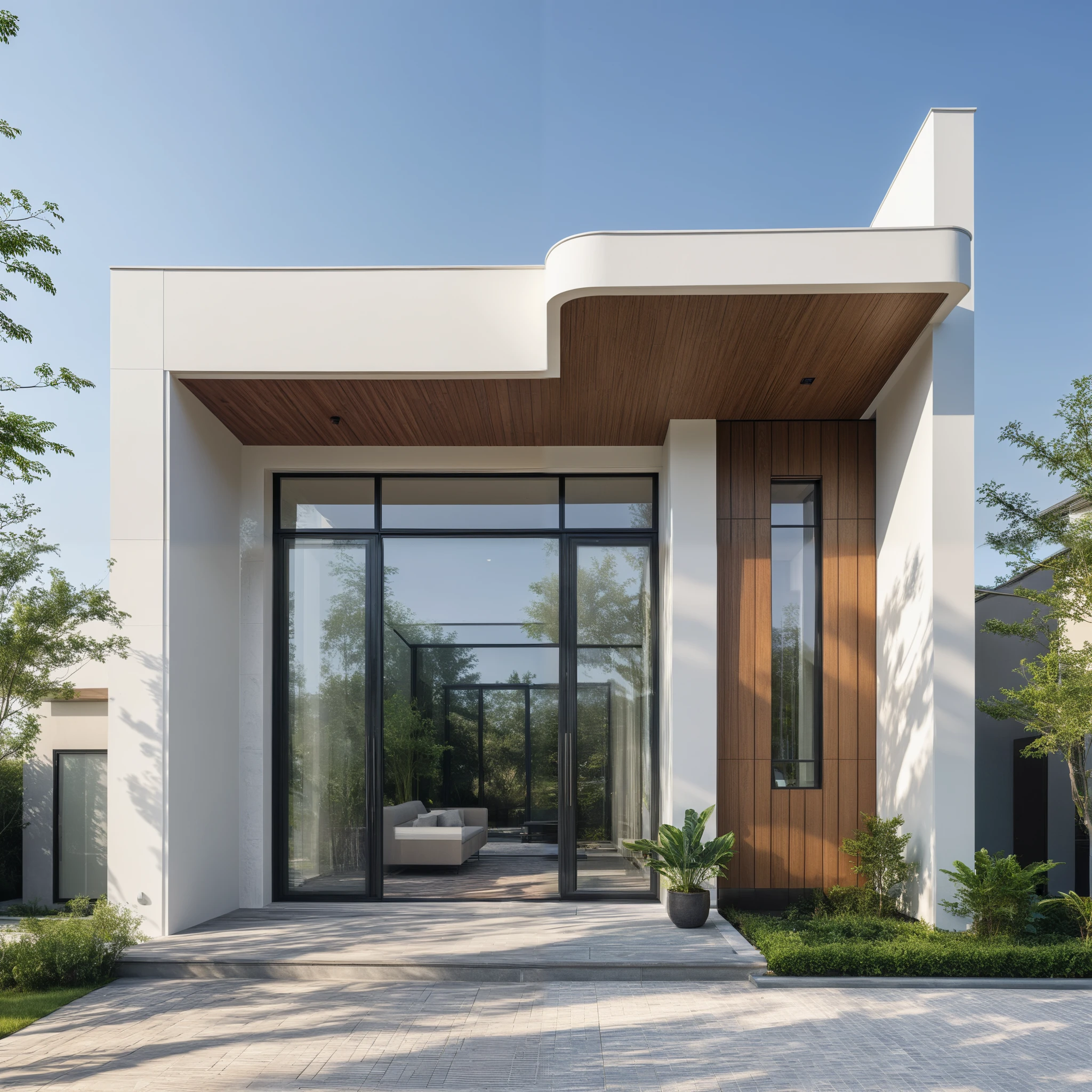 1 morden WHITE house,1large yard, 1 road runs in front of the house, (RAW photo, real, best quality, masterpiece:1.2), look morden minimalist, 1 road in front of the house, the exterior of an elegant single family home features large windows, ((a dark gray door frame)), dynamic lighting:1.3, (hyper realistic, photo-realistic:1.2), high quality, (dark lighting:1.2), perfect lighting, archdaily, no human, light at 12 noon, warm light in door:1.4, blue sky:1.3, shimering lighting:1.2, 