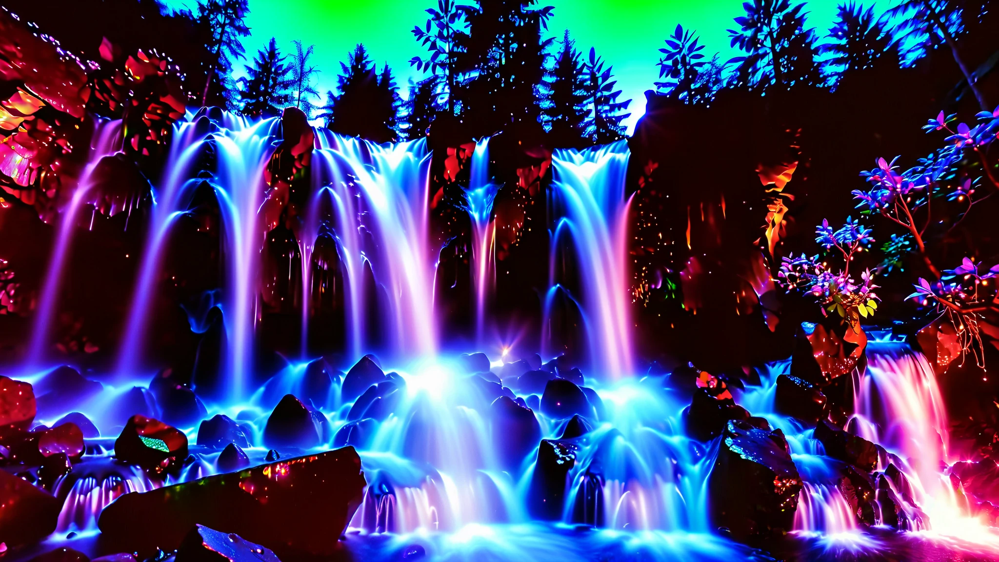 32K Resolution Masterpiece , top quality , super detailed, Extremely high resolution 32K wallpaper , shot with a fisheye lens ,Many layers of waterfall flow , cobalt blue luminescent waterfall,A bird's-eye view, The rock shines fluorescent green , super detailedな特徴, Awe-inspiring Details . Spectacular Waterfall Falling Directly from the Starry Sky , Falling on Metal , Shining Cliff Surface . Water Shines in Blue and Purple , Holographic Streams Intertwine . Bioluminescent flowers and trees at the bottom of the valley々Covered in, Its Leaves Reflect the Light of Water . Floating Spheres of Light Wrapping the Scene , Mysterious Addition , have an otherworldly atmosphere ., countless stars in the background 々and galaxy clusters ,Mysterious charm, mysterious atmosphere,