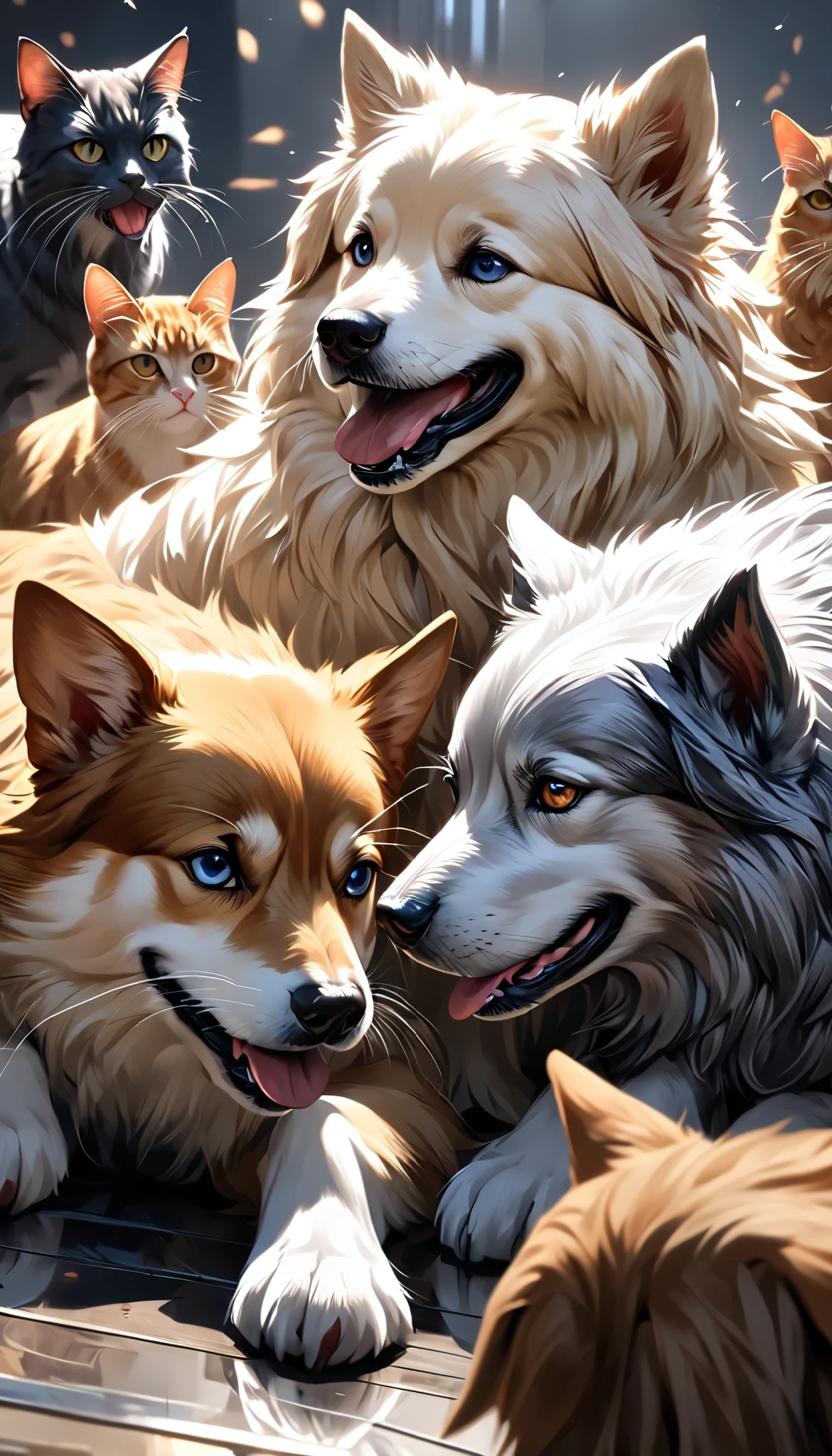 Multiple dogs and cats are fighting , ((Improve the quality of the whole body )), Clean the lines, Make it a deep and attractive color, Naturally create a delicate, fine coat , Add intricate details with clean lines, Please raise the resolution to the extreme , Realistic fur creates glossy luster and reflection, Eyes raise transparency to the limit , Battle Royale