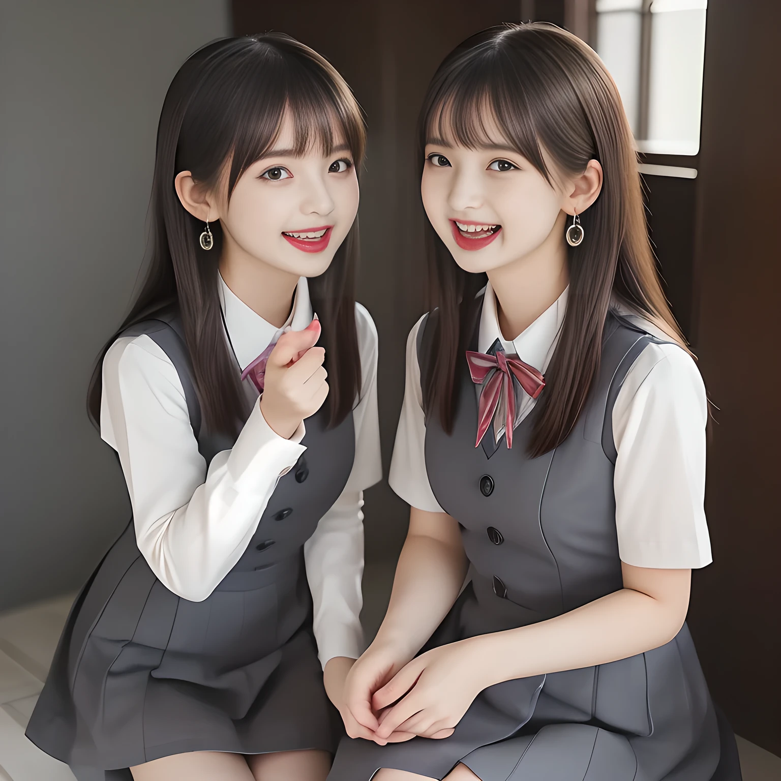 (highest quality, masterpiece, high resolution:1.2), 4K, (Photo quality detailed foreground: 1.2), geometry, ((bewitching naughty rascal younger sister succubi twins) (make fun of the viewer's very sensitive body and move together rhythmically with shampoo foam) in the viewer's clear lewd fetish dream. Girls twins of Cute noble girly very-long-hair Japanese photo model are seated ((in a gorgeous lascivious bathtub of bathroom under shower water)) and can't stop kissing the viewer and looking at the viewer with her (too beautiful eyes like laughing fashion model, (laughing surprised face)), (Using expensive face-whitening cosmetics to make her skin more beautiful and pure by professional makeup artist: 1.5), (devious girlish fascinating laughter in bliss, devious girlish pose: 2.0), Laughing cutely, ((Light-Gray) Japanese school girly vest Uniform with neat girly light-yellow short-sleeves school blouse, puffed short sleeves: 1.2), (Dark blue glossy glossy school ribbon on the breast: 1.0), (Extremely laughing cheeks: 1.8), (Beautiful light-amber large clear open eyes with balanced and detailed cutely: 1.4), (double eyelids: 1.0), (highly curled bangs: 1.2), (Glossy lips: 1.0), (very expensive earrings with gems: 1.2), (white and clear skin: 1.0), (Laughing cute princess's eyes looking at me: 1.2), (Very shy, cute, slender, pretty, pretty, too girly & Girlish: National Beautiful Girl Grand Prix winners twins in the viewer's clear lewd fetish dream: 2.0), (The girls know well about the viewer's super fetishism for school uniforms, and satisfies it completely with her hands and skirts deeply (in the viewer's clear lewd deep dream): 1.3)