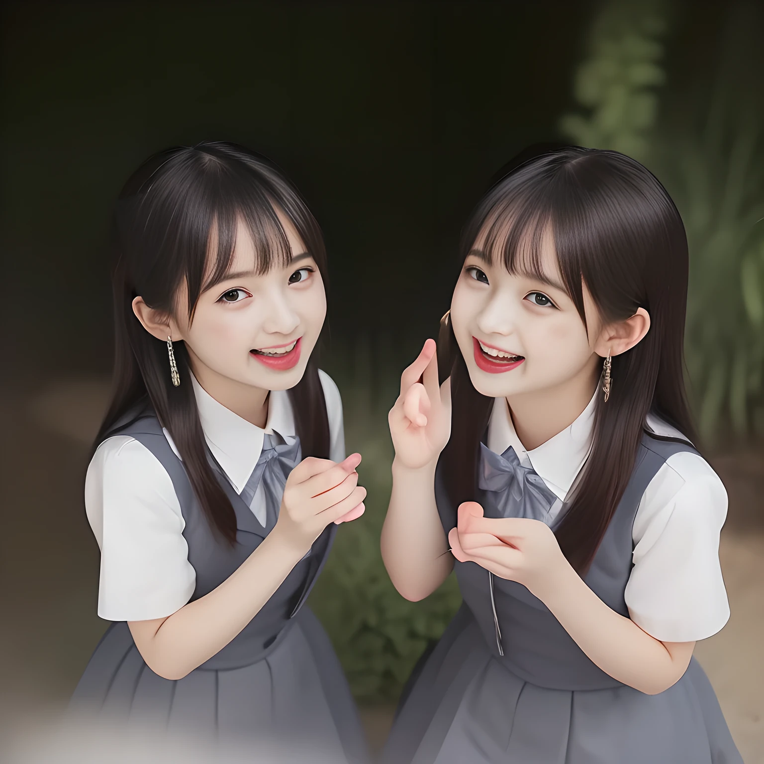 (highest quality, masterpiece, high resolution:1.2), 4K, (Photo quality detailed foreground: 1.2), geometry, ((bewitching naughty rascal younger sister succubi twins) (make fun of the viewer's very sensitive body and move together rhythmically with shampoo foam) in the viewer's clear lewd fetish dream. Girls twins of Cute noble girly very-long-hair Japanese photo model are seated ((in a gorgeous lascivious bathtub of bathroom under shower water)) and can't stop kissing the viewer and looking at the viewer with her (too beautiful eyes like laughing fashion model, (laughing surprised face)), (Using expensive face-whitening cosmetics to make her skin more beautiful and pure by professional makeup artist: 1.5), (devious girlish fascinating laughter in bliss, devious girlish pose: 2.0), Laughing cutely, ((Light-Gray) Japanese school girly vest Uniform with neat girly light-yellow short-sleeves school blouse, puffed short sleeves: 1.2), (Dark blue glossy glossy school ribbon on the breast: 1.0), (Extremely laughing cheeks: 1.8), (Beautiful light-amber large clear open eyes with balanced and detailed cutely: 1.4), (double eyelids: 1.0), (highly curled bangs: 1.2), (Glossy lips: 1.0), (very expensive earrings with gems: 1.2), (white and clear skin: 1.0), (Laughing cute princess's eyes looking at me: 1.2), (Very shy, cute, slender, pretty, pretty, too girly & Girlish: National Beautiful Girl Grand Prix winners twins in the viewer's clear lewd fetish dream: 2.0), (The girls know well about the viewer's super fetishism for school uniforms, and satisfies it completely with her hands and skirts deeply (in the viewer's clear lewd deep dream): 1.3)
