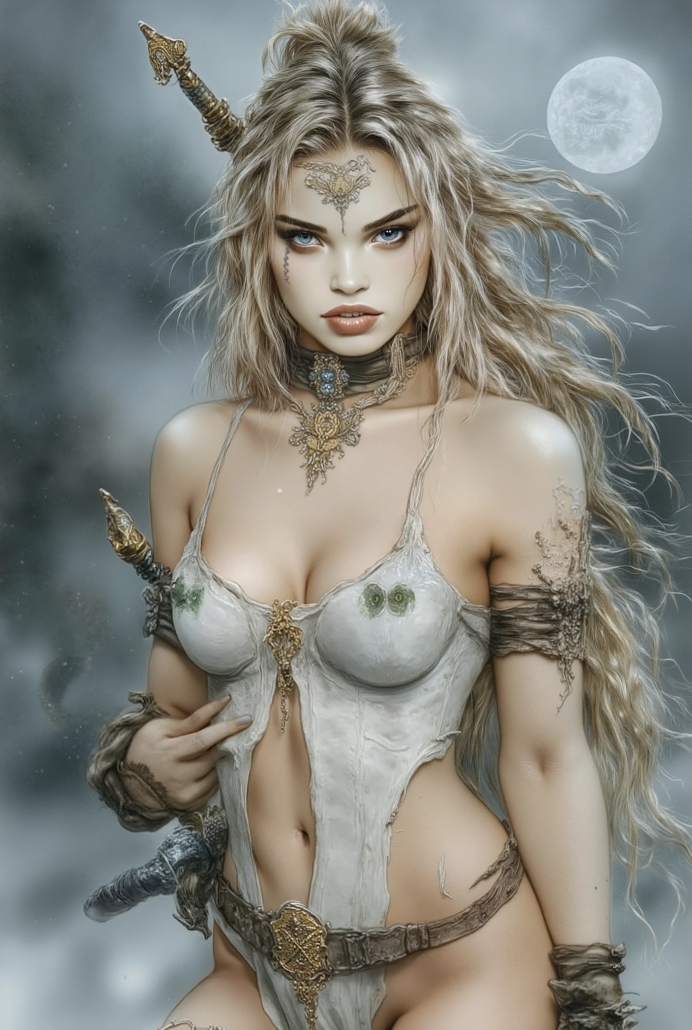 A Warrior Woman, long blonde hair tied in a ponytail, ice-blue eyes, athletic physique, sexy, Mischievous smile, wear a light white robe with armor, Wield a long sword in a fighting attitude, A dragon emerges next to her in the fog.