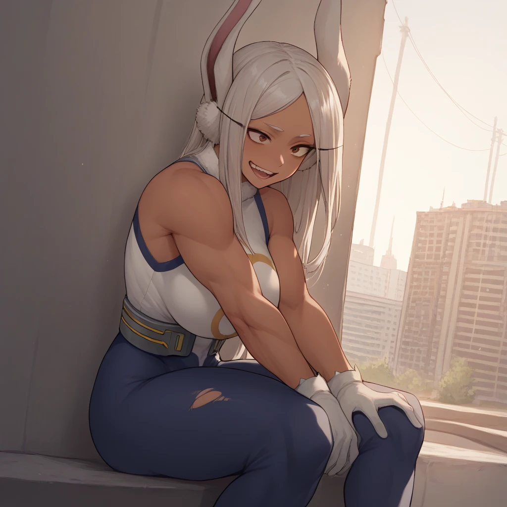 (Nsfw), 1 female, Mirko from MHA, short hair, tongue out, winking, front view, muscular,front bicep pose, balcony, urban background, sunset, long bunny ears, accurate hero costume.