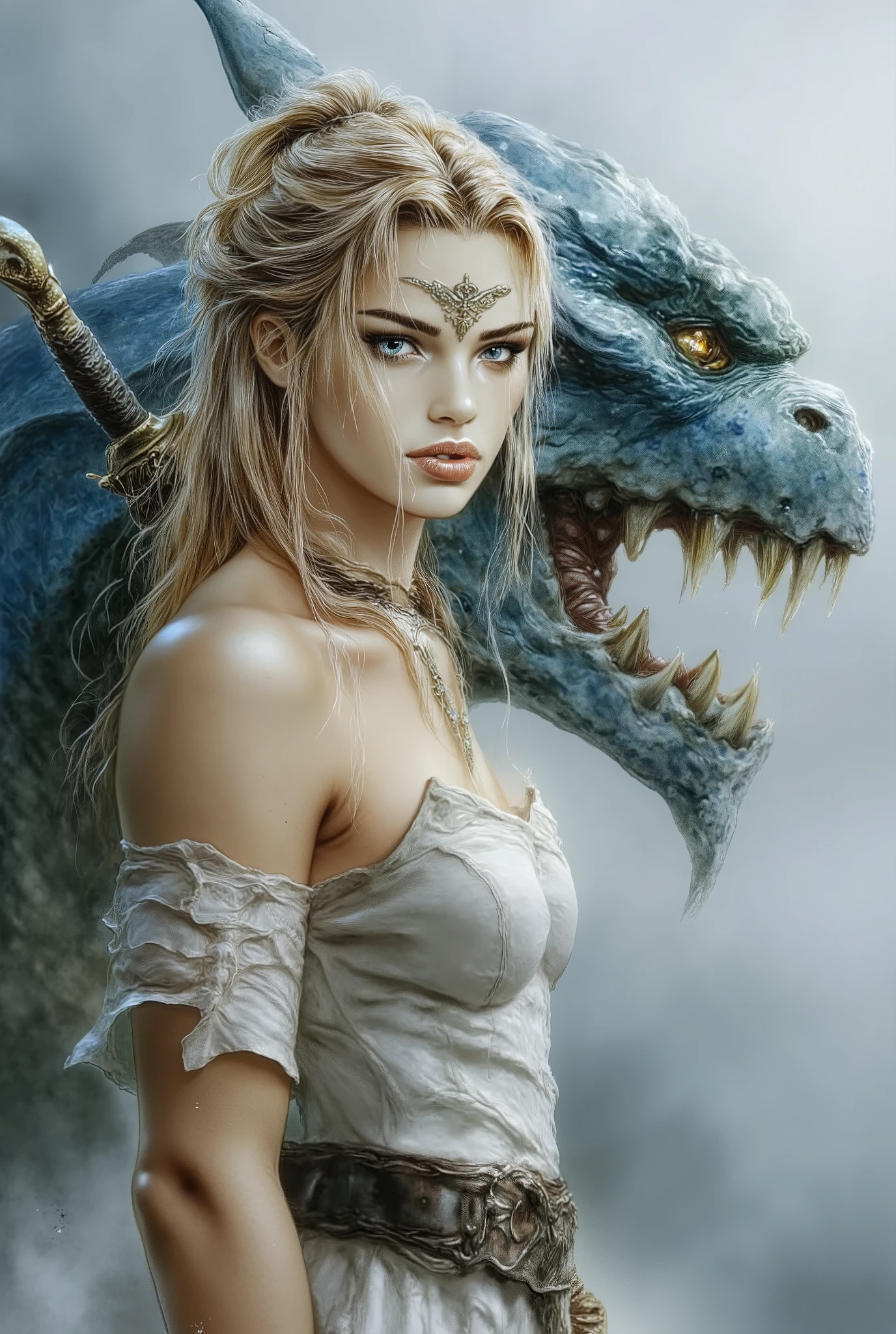 A Warrior Woman, long blonde hair tied in a ponytail, ice-blue eyes, athletic physique, sexy, Mischievous smile, wearing a light white robe with armor, Wield a long sword in a fighting attitude, armor next to her in the fog you can see the head of a huge dragon.