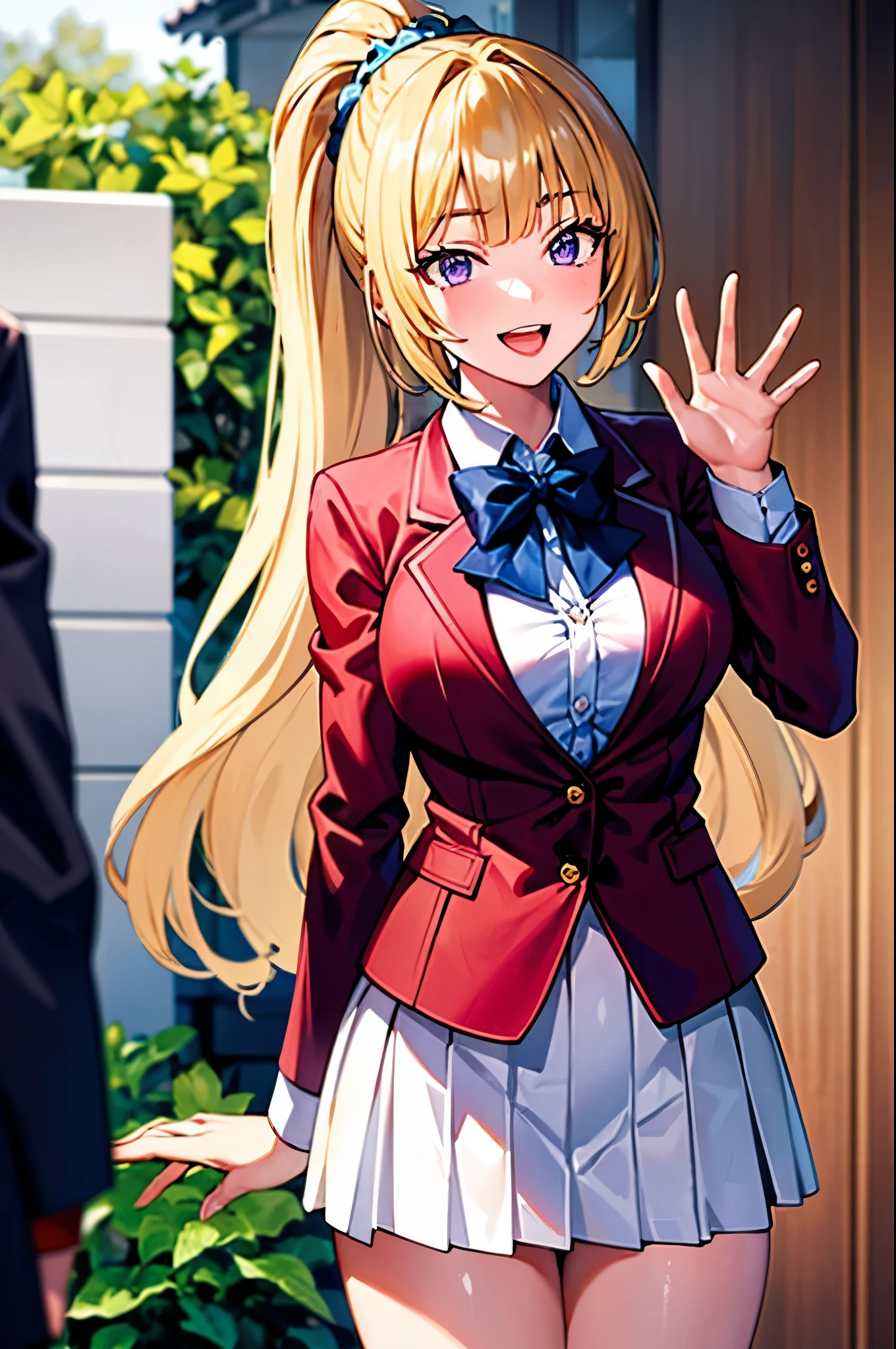 (8k, best quality, masterpiece,ultra detailed, ultra high res:1.2), 1girl,
Kei Karuizawa, Kei Karuizawa \(youjitsu\),
long hair, ponytail,yellow hair, 
purple eyes, blue bow, hair scrunchie, 
medium breasts, red blazer, buttoned blazer,blue blouse, pleated white skirt, thigh, smile,open mouth,glossy lips, waving,cowboy shot, perfect light,outdoor