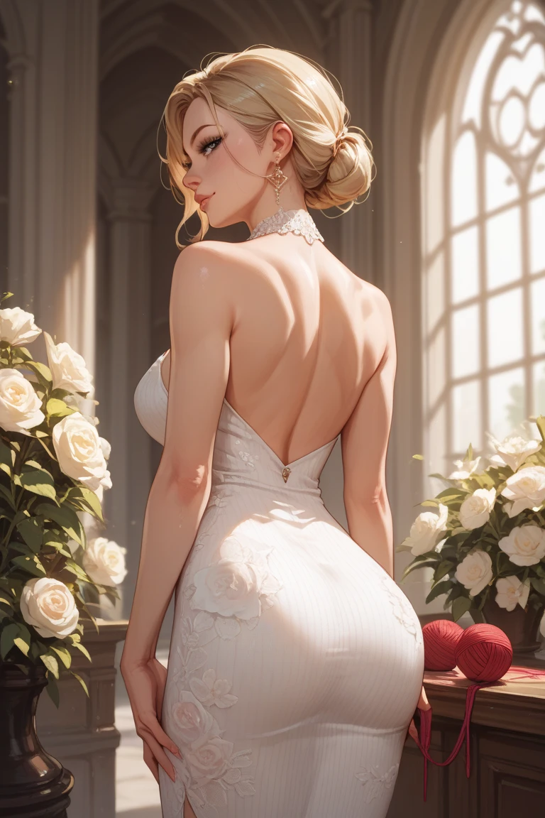 score_9, score_8_above, score_7_above, 1girl, large_breasts, royal_garden, elegant_green_dress, off_shoulder_dress, (shy_smile:0.9), cute_woman, blonde, wide, side view, from_above
