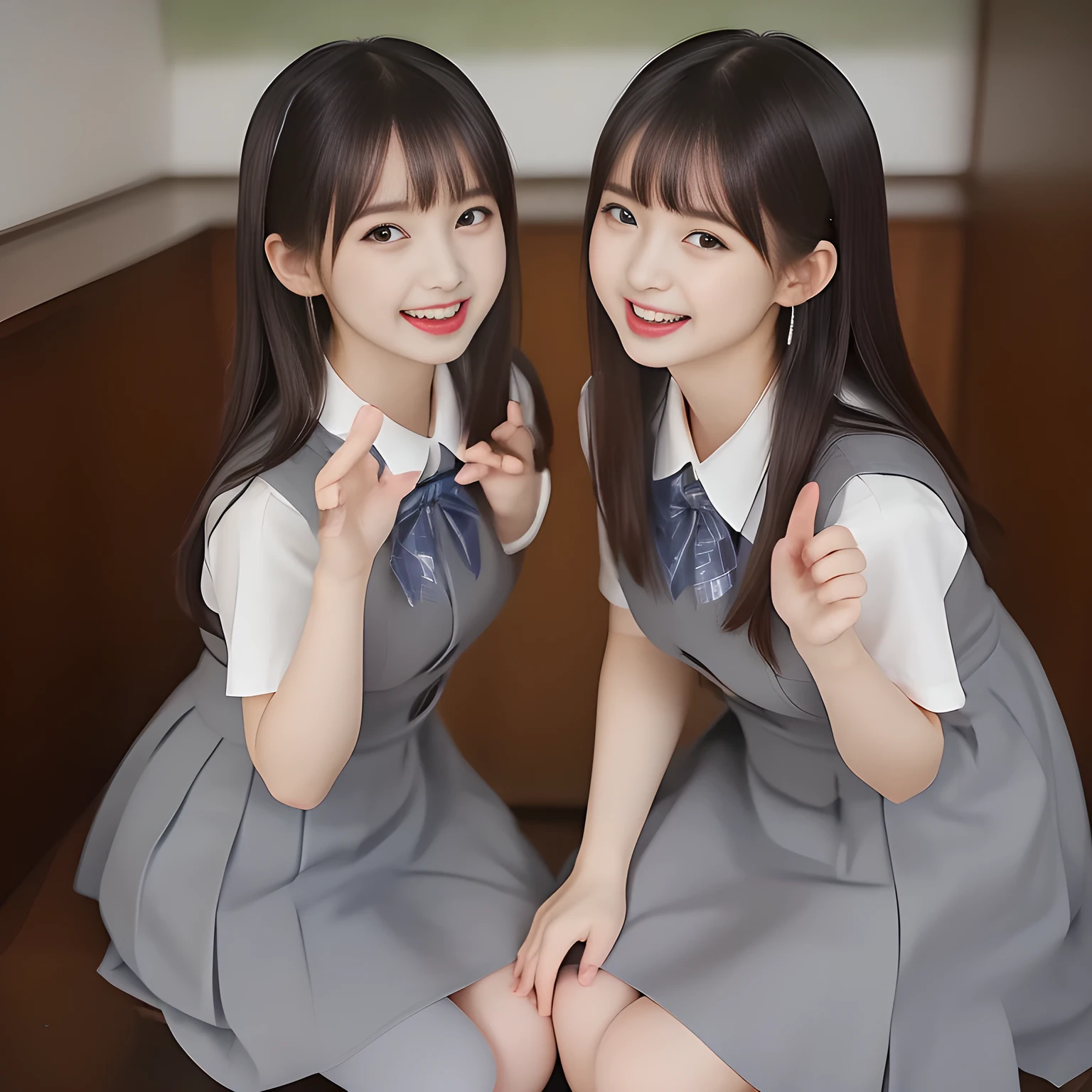 (highest quality, masterpiece, high resolution:1.2), 4K, (Photo quality detailed foreground: 1.2), geometry, ((bewitching naughty rascal younger sister succubi twins) (make fun of the viewer's very sensitive body and move together rhythmically with shampoo foam) in the viewer's clear lewd fetish dream. Girls twins of Cute noble girly very-long-hair Japanese photo model are seated ((in a gorgeous lascivious bathtub of bathroom under shower water)) and can't stop kissing the viewer and looking at the viewer with her (too beautiful eyes like laughing fashion model, (laughing surprised face)), (Using expensive face-whitening cosmetics to make her skin more beautiful and pure by professional makeup artist: 1.5), (devious girlish fascinating laughter in bliss, devious girlish pose: 2.0), Laughing cutely, ((Light-Gray) Japanese school girly vest Uniform with neat girly light-yellow short-sleeves school blouse, puffed short sleeves: 1.2), (Dark blue glossy glossy school ribbon on the breast: 1.0), (Extremely laughing cheeks: 1.8), (Beautiful light-amber large clear open eyes with balanced and detailed cutely: 1.4), (double eyelids: 1.0), (highly curled bangs: 1.2), (Glossy lips: 1.0), (very expensive earrings with gems: 1.2), (white and clear skin: 1.0), (Laughing cute princess's eyes looking at me: 1.2), (Very shy, cute, slender, pretty, pretty, too girly & Girlish: National Beautiful Girl Grand Prix winners twins in the viewer's clear lewd fetish dream: 2.0), (The girls know well about the viewer's super fetishism for school uniforms, and satisfies it completely with her hands and skirts deeply (in the viewer's clear lewd deep dream): 1.3)