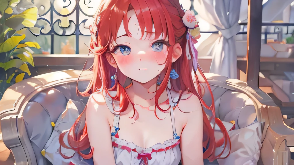 ( Masterpiece、 high detail),( Detailed and Accurate Face ),Woman in front of man、18 years old、(Red Hair、 wave hair、 long hair)、((amount)),( One Piece Dress、 Panties have been partially peeled)、 beautiful eyes、 sexy、( drunk、blush、エクスタシー顔)、( fellatio)、(), Software、