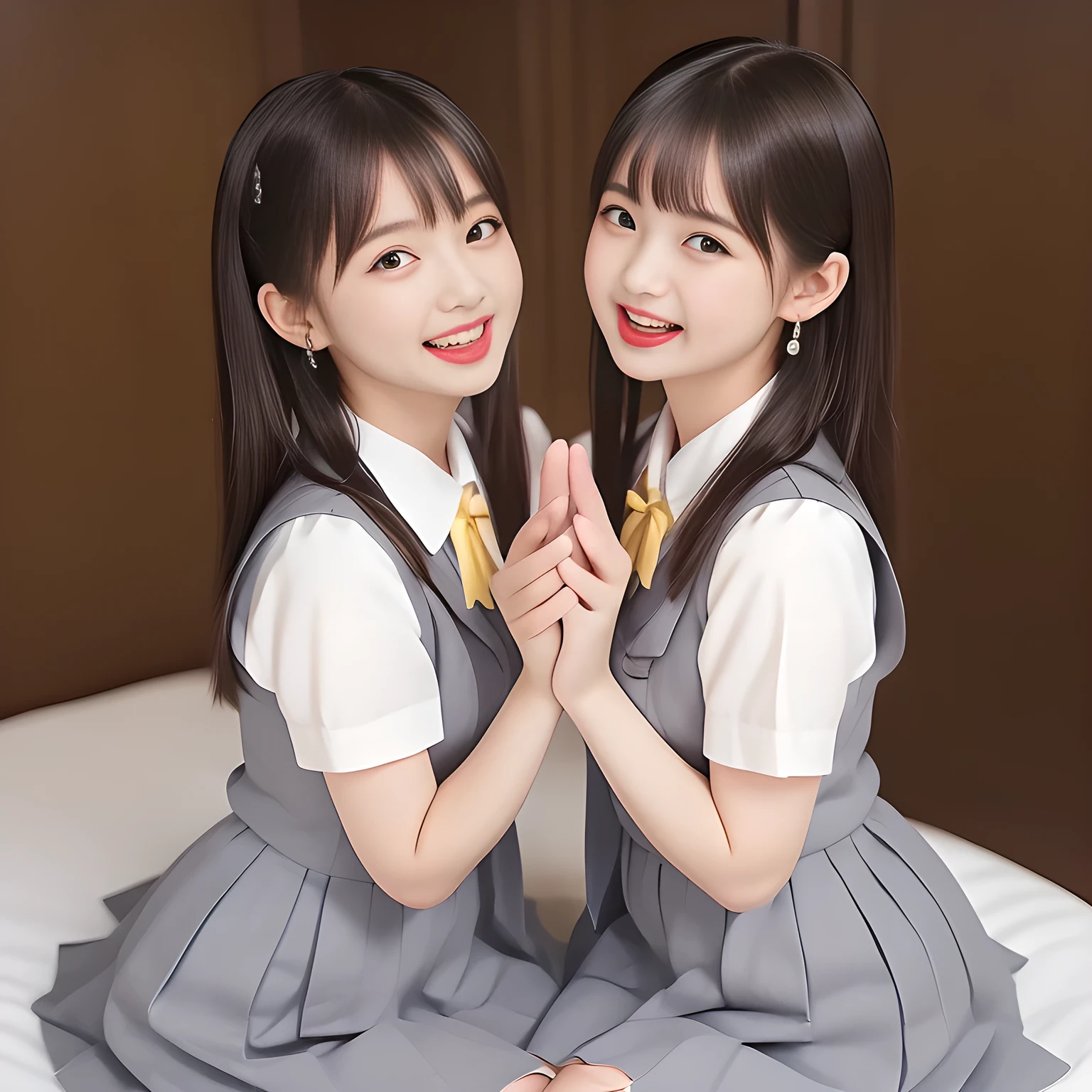 (highest quality, masterpiece, high resolution:1.2), 4K, (Photo quality detailed foreground: 1.2), geometry, ((bewitching naughty rascal younger sister succubi twins) (make fun of the viewer's very sensitive body and move together rhythmically with shampoo foam) in the viewer's clear lewd fetish dream. Girls twins of Cute noble girly very-long-hair Japanese photo model are seated ((in a gorgeous lascivious bathtub of bathroom under shower water)) and can't stop kissing the viewer and looking at the viewer with her (too beautiful eyes like laughing fashion model, (laughing surprised face)), (Using expensive face-whitening cosmetics to make her skin more beautiful and pure by professional makeup artist: 1.5), (devious girlish fascinating laughter in bliss, devious girlish pose: 2.0), Laughing cutely, ((Light-Gray) Japanese school girly vest Uniform with neat girly light-yellow short-sleeves school blouse, puffed short sleeves: 1.2), (Dark blue glossy glossy school ribbon on the breast: 1.0), (Extremely laughing cheeks: 1.8), (Beautiful light-amber large clear open eyes with balanced and detailed cutely: 1.4), (double eyelids: 1.0), (highly curled bangs: 1.2), (Glossy lips: 1.0), (very expensive earrings with gems: 1.2), (white and clear skin: 1.0), (Laughing cute princess's eyes looking at me: 1.2), (Very shy, cute, slender, pretty, pretty, too girly & Girlish: National Beautiful Girl Grand Prix winners twins in the viewer's clear lewd fetish dream: 2.0), (The girls know well about the viewer's super fetishism for school uniforms, and satisfies it completely with her hands and skirts deeply (in the viewer's clear lewd deep dream): 1.3)