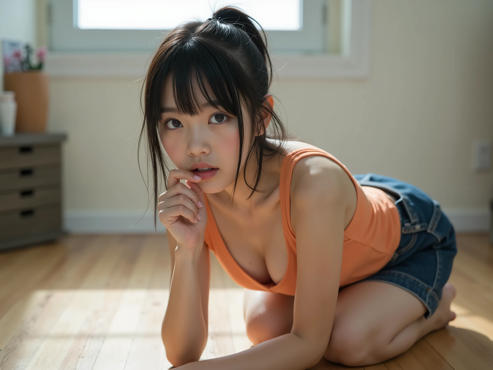 NSFW, 8K raw photo, best quality, masterpiece, ultra high definition, film grain, filmg, 1girl, Japan people, viewer look, natural skin texture, realistic eye and face details, full lips, lipstick, wearing cheergirl, wearing cheergirl uniform, wearing white sleeveless, navel not showing, wearing a yellow skirt (2cm above the knee), undercoat is black, Full body, doing flexibility exercises, sweaty skin, Kazue Kato, Akiko Takase, Kiyoko Suzuki, Rinko Kawaichi, Yuka Kazami, Shiori Teshirogi, Yasumoto Oka, Ayami Kojima, Takeyuki Kanda, Chiho Ajima, Aoi Ogata, Nobumasa Fujiwara, Aya Takano, Etsuko Miura, Tsugumi Oba, Chiho, Aya Takano, Yasumoto Oka, Mao Hamaguchi, Height 158cm, Weight 53kg, Bust 83cm (D cup), Waist 61cm, Hips 86cm, long hair in a ponytail with a red ribbon, bangs, hair damp with sweat, Japan person, 18 years old, naïve college girl, 1 woman, --auto --s2