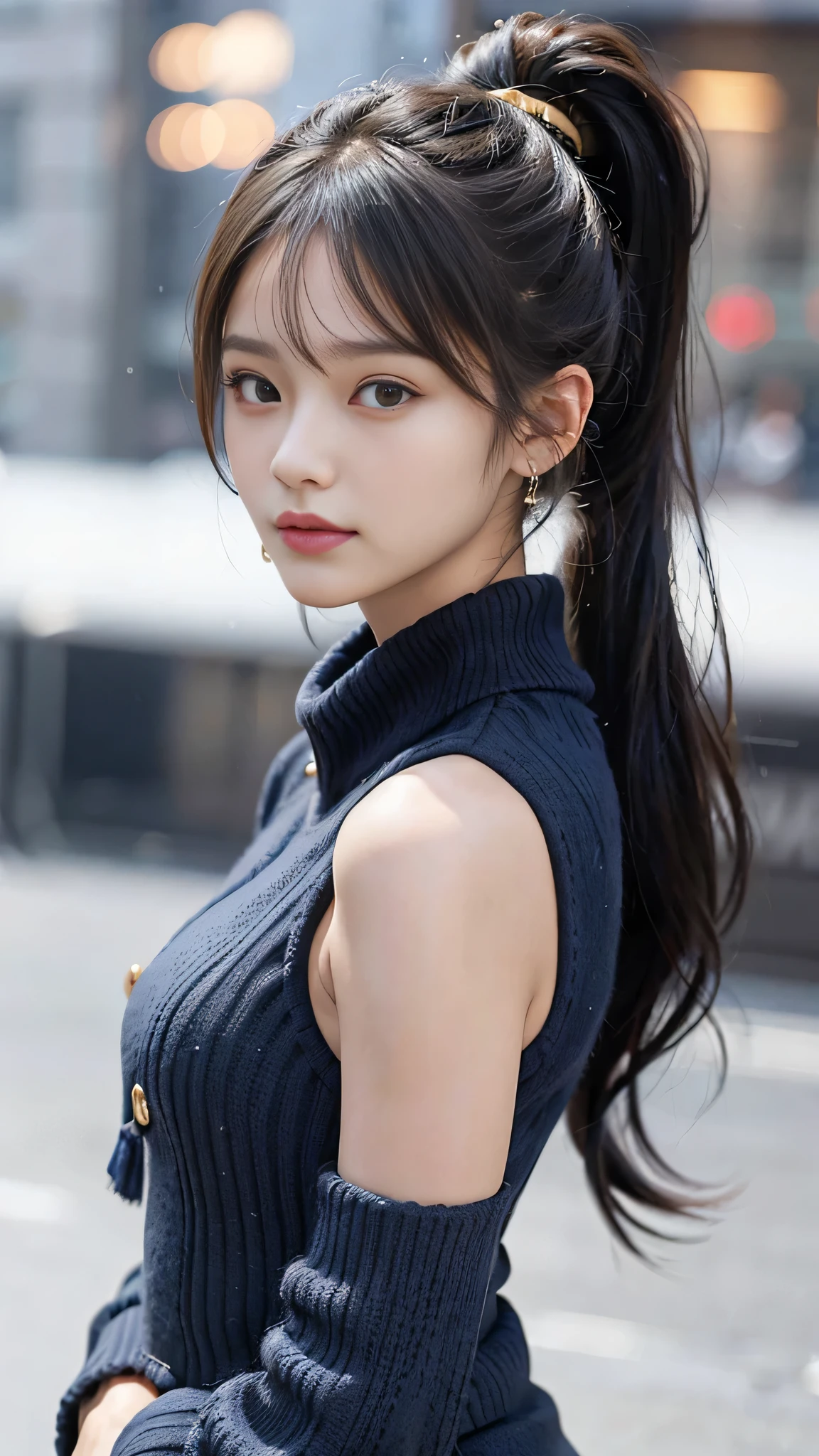 Detailed details,、hight resolution、hightquality、Perfect dynamic composition、Beautiful detailed eyes、poneyTail、Small breasts、Natural Color Lip、Kamimehibuya、20 years girl、1 persons、Transparent skin、Glowing hair、masutepiece、Best Quality、finely detail、hight resolution、8K、The correct state of the human body、Wearing a black knitted dress、randome pose、Gravure Model Pose、Hair soaring in the wind