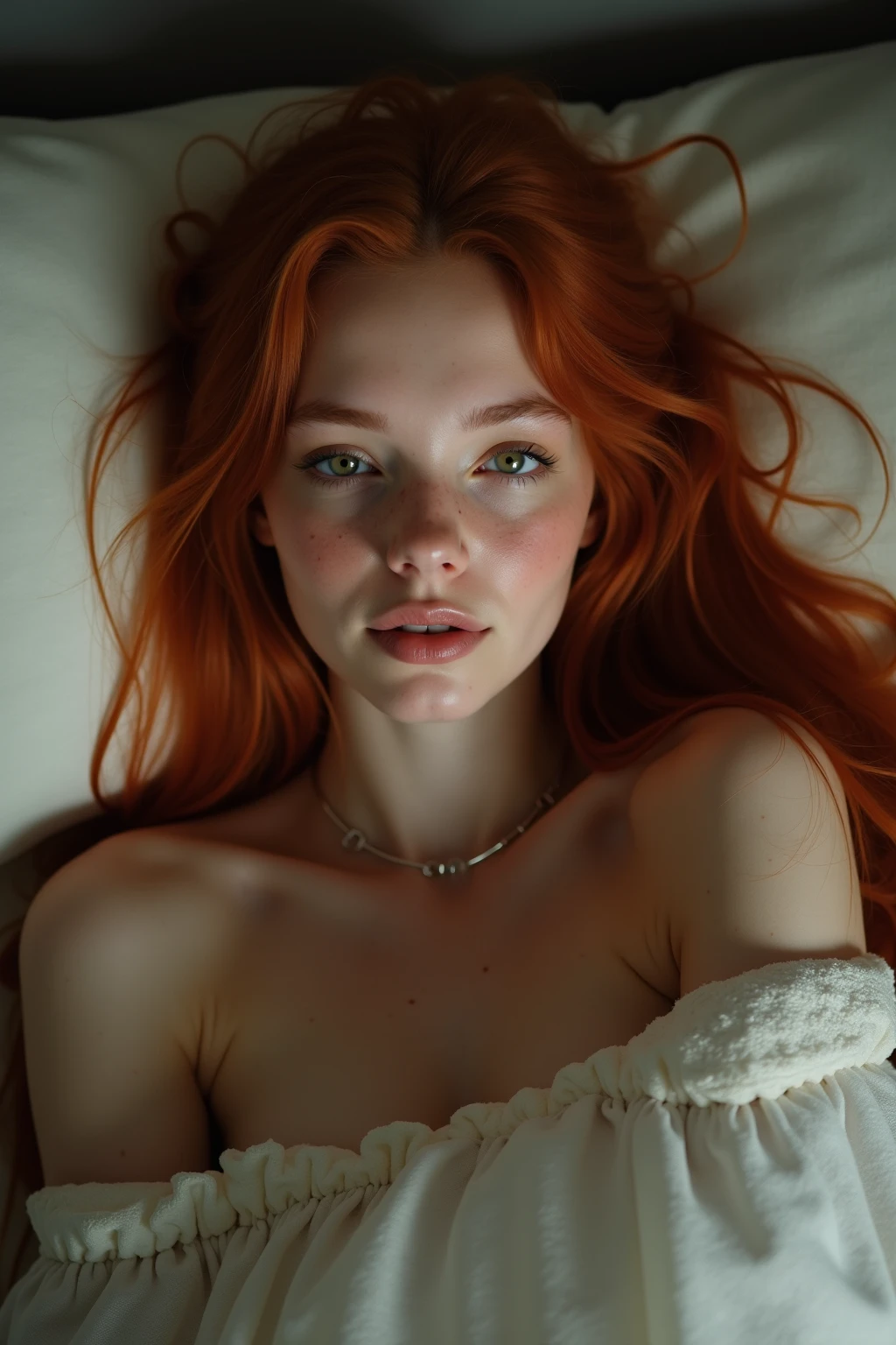 ((Mejor calidad)), ((Obra maestra)), (detallado) (hyper realistic) detallado face, Mujer joven, cuerpo completo, cabello rojo, ojos claros, usando un vestido rojo ajustado, acostado en la cama, llevando un rayo de luz golpeando su cara