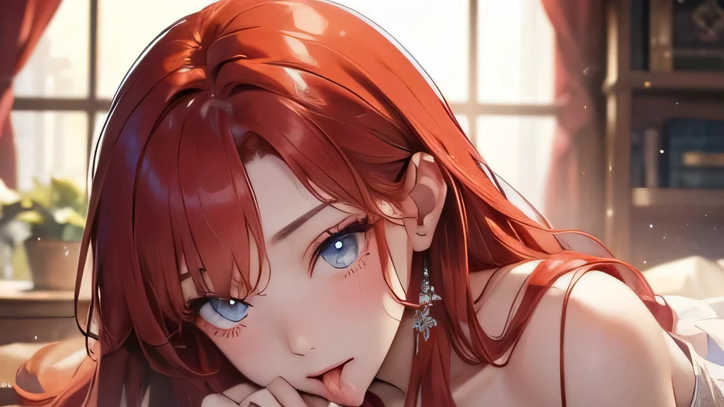(  Masterpiece、  high detail),(    Detailed and Accurate Face    ),Woman  in front of man、18 years old、(Red Hair、  wave hair、  long hair)、((amount)),( beautiful dress)、  beautiful eyes、  sexy、( drunk、blush、エクスタシー顔)、( they lick men's nipples )、(handjob),  Software、