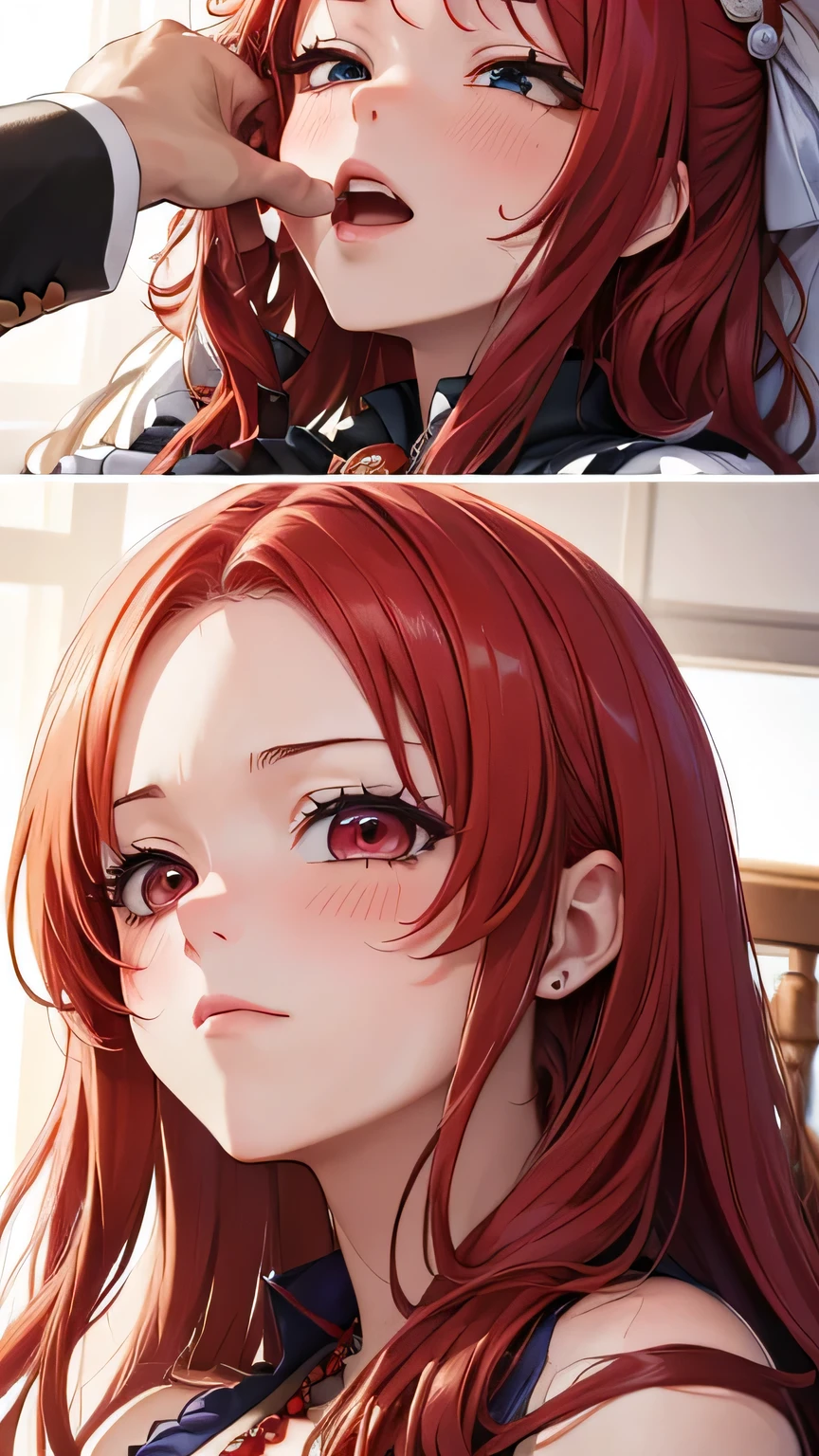 (  Masterpiece、  high detail),(    Detailed and Accurate Face    ),Woman  in front of man、18 years old、(Red Hair、  wave hair、  long hair)、((amount)),(Formal Wear、 One Piece Dress)、  beautiful eyes、  sexy、( drunk、blush、エクスタシー顔)、(  fellatio)、(),  Software、