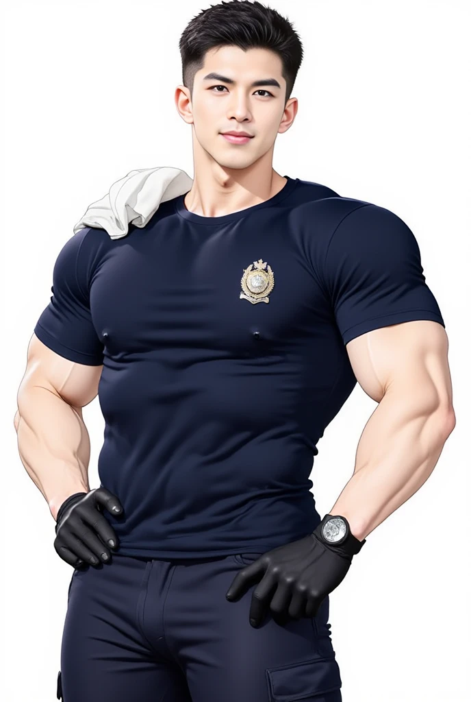 (handsome Man),(crew cut short hair:1.8),black eye,(Wear a fitted round neck t-shirt in navy with a police badge.:1.5),(fit neck),Navy blue jeans,(black_gloves:1.2), Korean guy,chest muscles,large arm muscles,blood vessel,Big muscles,Broad shoulders, (open mouth:1.2),(face up:1.2),(open eyes:1.5), middle of the road,smile, In the bread shop, (bread in hand)