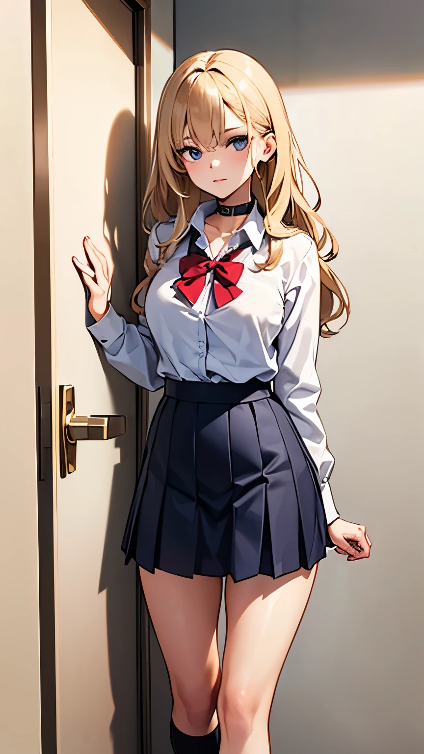 A Japanese young woman in her early 20s with long, wavy, ash-blonde hair standing confidently in a relaxed pose. She has a neutral to slightly serious expression with soft makeup emphasizing her eyes and lips. She is wearing a classic schoolgirl-inspired outfit consisting of a crisp white button-up shirt with the sleeves loosely rolled up and a red bow tied at the collar. The shirt is paired with a dark navy pleated skirt ending mid-thigh. Her legs are adorned with white knee-high socks and fluffy white leg warmers over them, enhancing a trendy and youthful vibe. She stands with her hands casually resting behind her back, legs slightly apart, adding to her confident appearance. The background is a minimalist indoor setting with a plain white wall and a partially visible wooden door on the left side. The lighting is soft and evenly distributed, contributing to the clean and polished vibe. The overall look blends traditional schoolgirl aesthetics with contemporary fashion trends, exuding a youthful and slightly rebellious charm.