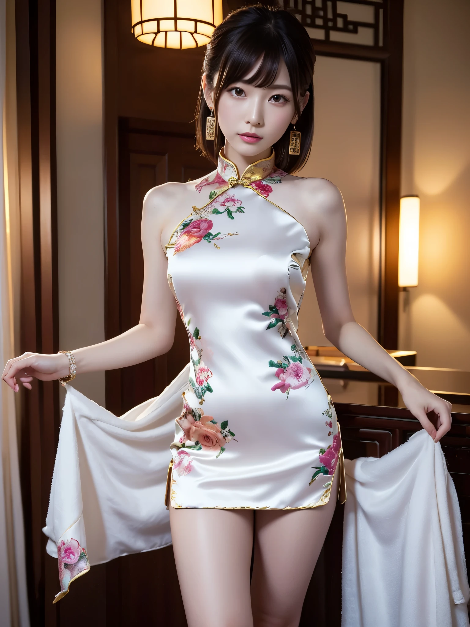 (8k, highest quality, RAW photo、masterpiece: 1.2), Super detailed, highest quality, ultra high resolution, professional lighting, photon mapping, radio city, Physically based rendering, cinematic lighting, Depth of the bounds written, focus on,1 girl,、(( (cherry blossom petals are falling) ))(china town) (theme park)(concert hall)(party venue)(full body shot), ((Chinese dress)) (looking at the viewer:1.3) very slim, medium breasts, ((leg up)) cute, white skin、looking at the viewer, light smile,alone, (orgasm face)enchanting smile, wide opening, professional lighting, Sony α7R4, Zessie 50mm F1.8, medium breasts,thin and beautiful eyes,