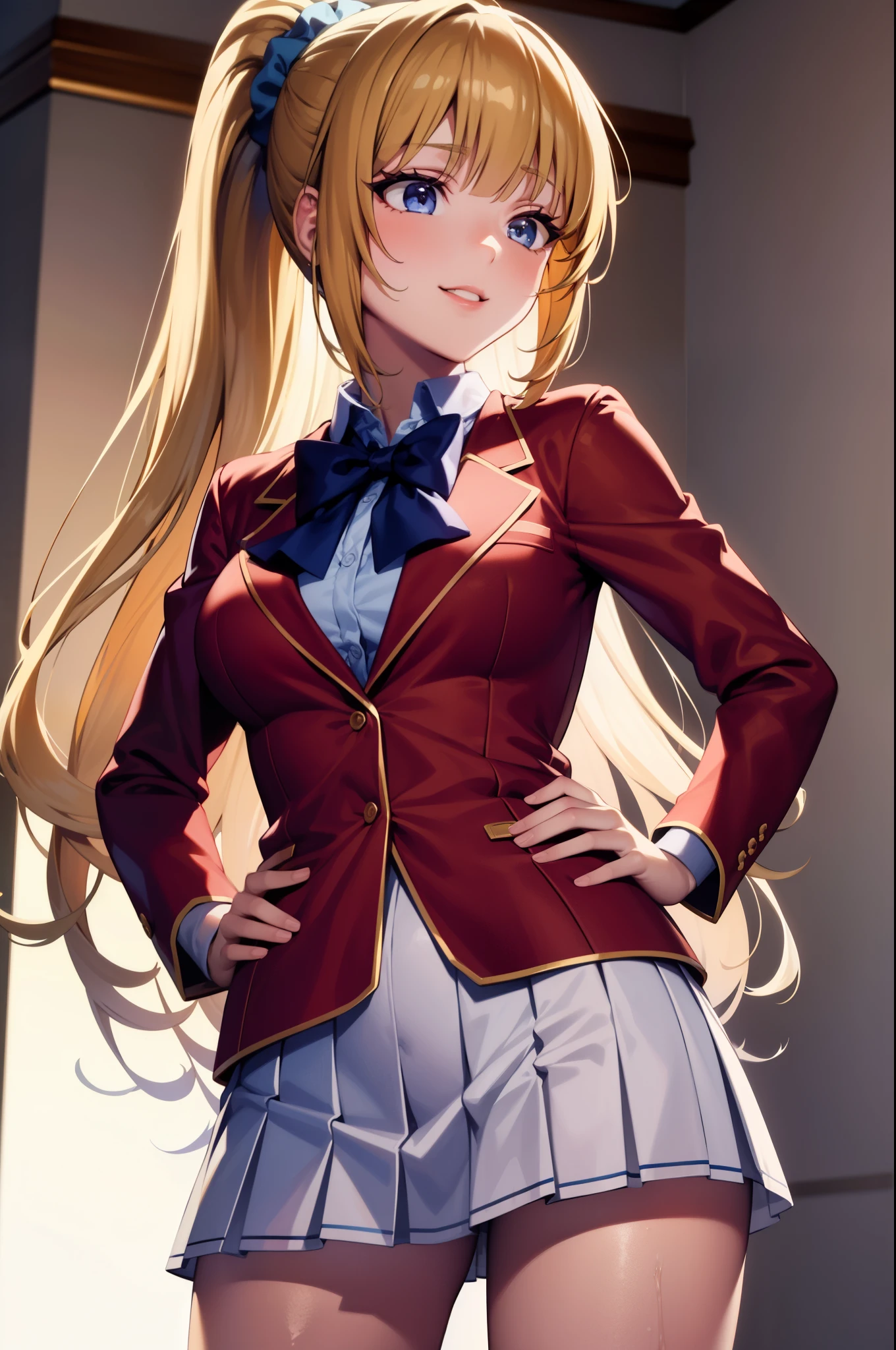(8k, best quality, masterpiece,ultra detailed, ultra high res:1.2), 1girl,
Kei Karuizawa, Kei Karuizawa \(youjitsu\),
long hair, ponytail,yellow hair,
purple eyes, blue bow, hair scrunchie,
medium breasts, red blazer, buttoned blazer,blue blouse, pleated white skirt, thigh,closed mouth,glossy lips, hand on hip,smile ,cowboy shot,from below perfect light, in school