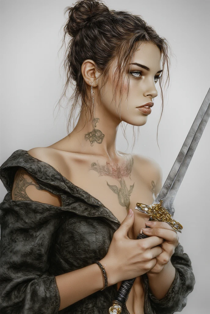 <lora:Insertion:0.8> (Insertion mouth Sword), Adult, mature, 1girl, solo, realistic skin, imperfect skin, realistic, RAW photography, masterpiece, (best quality:1.15), (detailed:1.15), (realistic:1.2), (dark brown hair color)