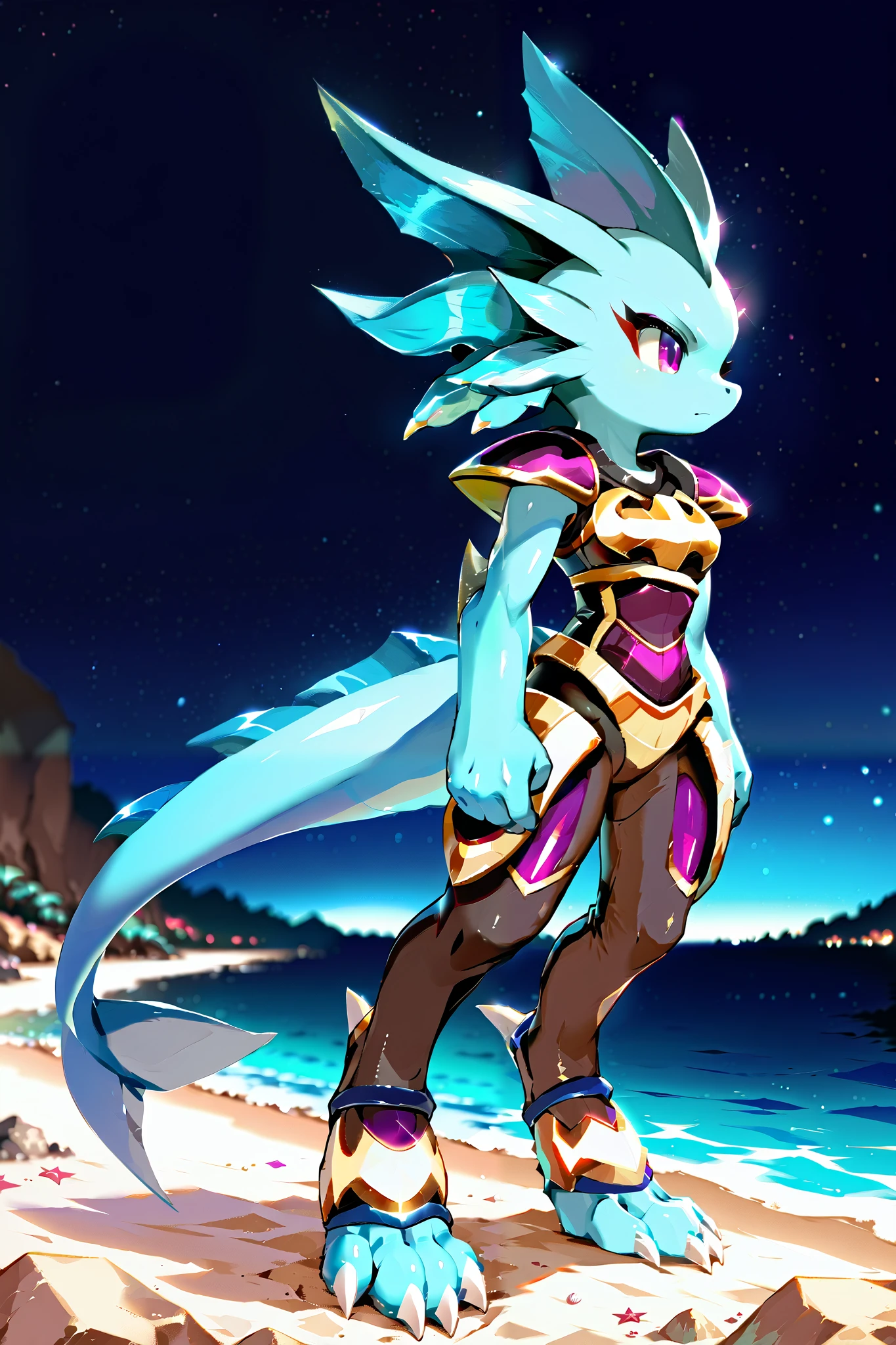 Anime, ((anime style)), ((side view)), solo drawing, solo ((at a beach at night)),  ((night sky)), ((star filled sky)), ((vivid purple eyes)), ((draconic ear fins)), ((head fin)), ((tall figure)), ((blank expression)), ((digitigrade legs)), ((digitigrade feet with four toes)), ((highly detailed anime style)), clean lines, claws, Merga from freedom planet 2, female, light armor, ((blue skin)), ((blue hands)), black armor with gold trim, white claws, short muzzle, leg armor, ankle armor,  ((black leggings under armor)), hands at sides