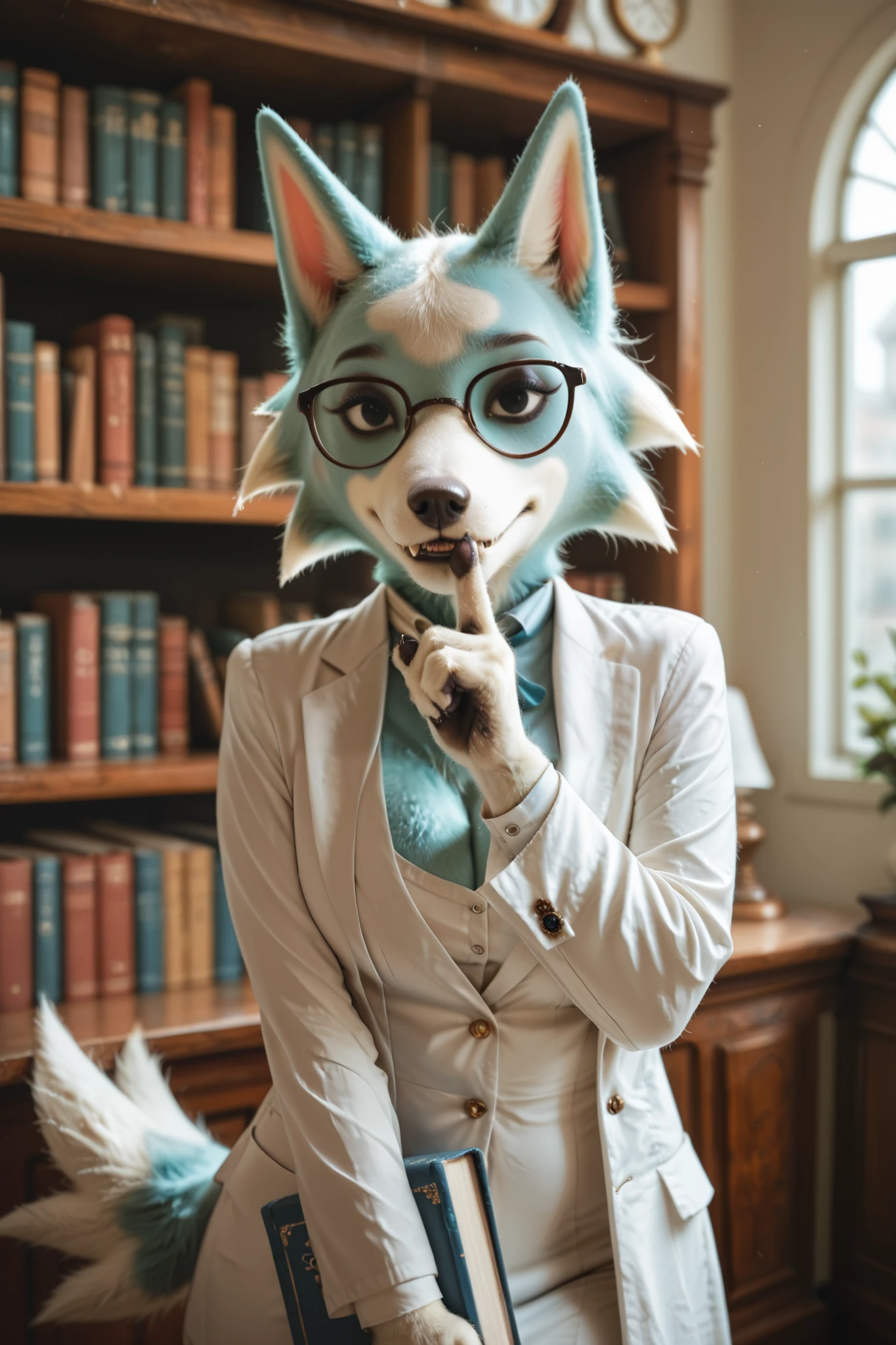 masterpiece, best quality, amazing quality, very aesthetic, high resolution, absurdres, newest, photorealistic realistic, animal crossing, 1girl, solo, Skye_AC, anthro, furry female, blue fur, black eyes, wolf tail, librarian outfit, suit, glasses, furry breasts, library background, fangs, shushing, holding book