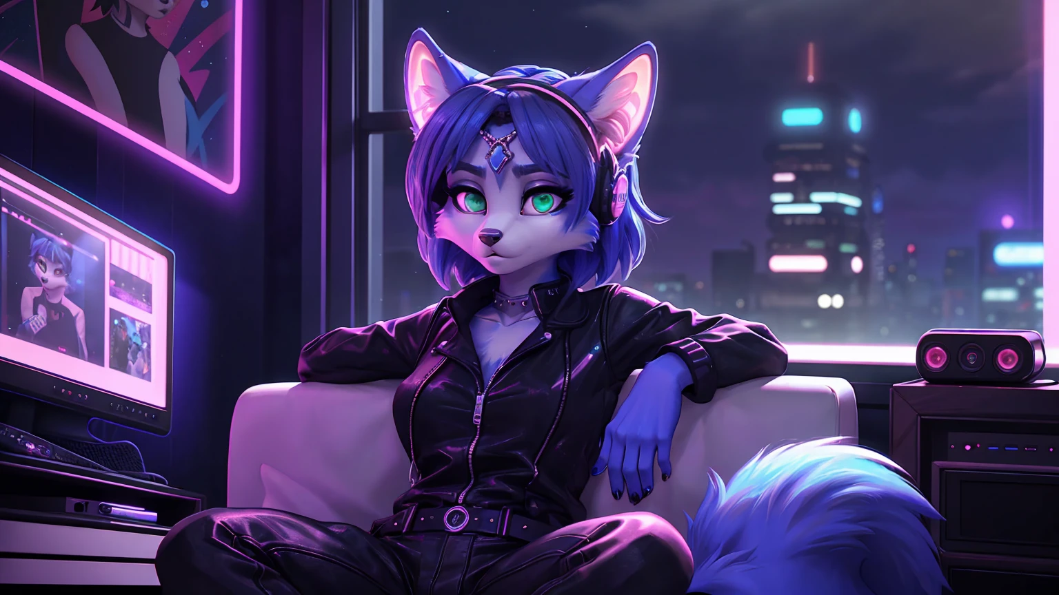 **Prompt:** A beautiful, (masterpiece), high quality, perfect lighting, highly detailed CG Unity 8k wallpaper, high resolution, perfect lighting, youthful, adolescent, tall, slim, skinny, frail slender figure, slim legs, distinctly feminine figure, narrow hips, long legs, close-up shot of a unique female cat character. She has luxurious, glossy black fur with subtle iridescent blue highlights that catch the light beautifully. Her hair is a striking electric blue, styled in a short, edgy pixie cut that contrasts sharply with her dark fur. Her eyes are a vivid, piercing green, large and captivating, with a playful yet mysterious glint.
She is dressed in a chic, contemporary outfit: a sleek, off-the-shoulder black top with mesh sleeves, paired with high-waisted leather pants that fit her slim figure perfectly. Her accessories include a silver chain necklace, a pair of hoop earrings, and several rings adorning her fingers. She carries a stylish crossbody bag with metallic accents, and wears a pair of fingerless gloves.
The character is posed in a relaxed, intimate moment, lying on her side, legs spread presenting, on a luxurious velvet chaise lounge, propped up on one elbow with her head resting on her hand. Her other hand is casually draped over her hip, fingers lightly gripping the edge of the lounge. Her expression is one of relaxed confidence, with a slight, knowing smile and half-lidded eyes that suggest she is deep in thought or enjoying a private moment. The background is softly blurred, focusing on her elegant features and stylish outfit, with hints of a lavish, modern interior adding to the sophisticated atmosphere. in heat, sexy scene, panting, heavy breathing