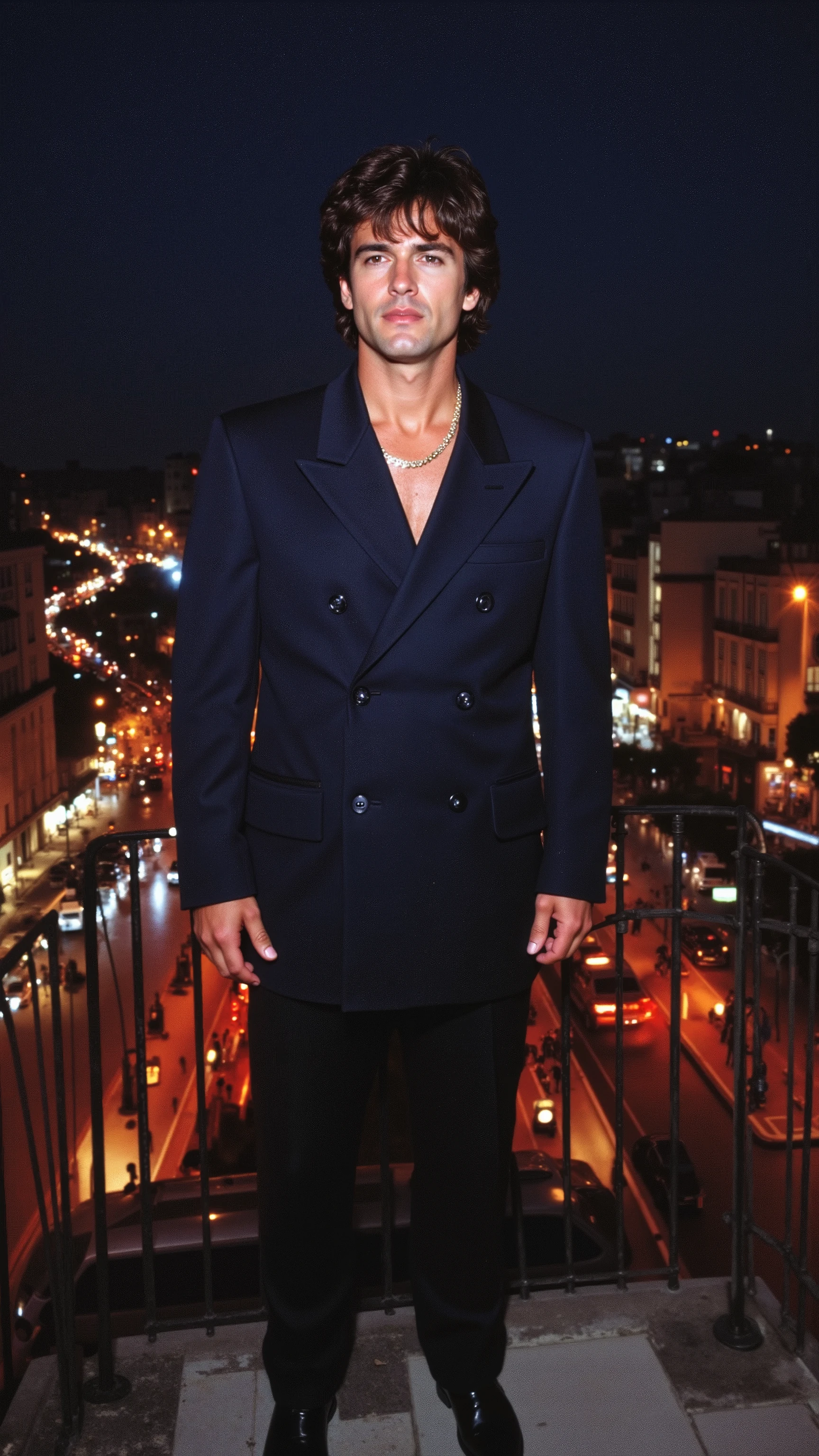 France as a man in the 1980s, hot and handsome male, 1 male, wavy dark brown hair styled in a tousled, effortless look, sharp jawline with light stubble, deep hazel eyes filled with quiet confidence, wearing a tailored navy blue double-breasted suit with wide shoulder pads, a crisp white shirt unbuttoned at the top revealing a thin gold chain necklace, sleek black leather loafers with no socks, accessorized with an expensive wristwatch and aviator sunglasses, broad shoulders, alluring, shows his male character's full figure, athletic body, chiseled face, full body, extremely handsome, god-like, masculine shape, perfect anatomy, standing on a Parisian balcony overlooking the neon-lit Champs-Élysées, the glow of streetlights reflecting off his polished suit, a vintage Ferrari Testarossa parked below, his relaxed yet dominant stance exuding effortless charm and power, photorealistic, masterpiece, realistic, high contrast, 8k, HD, high definition detailed, detailed, hyper detailed, realistic skin texture, best quality, ultra high resolution, Nikon D850 film, Stock Photography, Kodak Portra 400 F1.6 camera, rich lens colors, hyper realistic, no text, very detailed eyes, cinematic