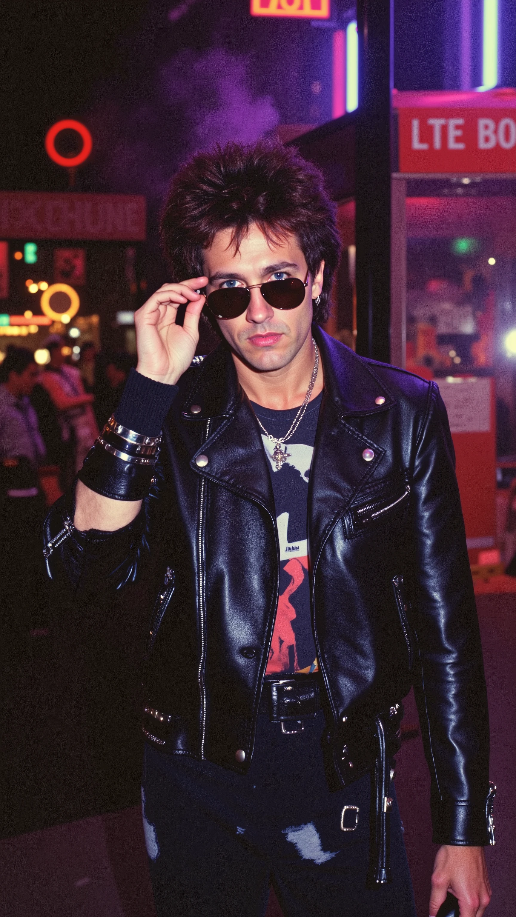 United Kingdom as a man in the 1980s, hot and handsome male, 1 male, voluminous feathered dark brown hair styled like a rockstar, piercing blue eyes filled with rebellious energy, light stubble for a rugged yet stylish look, wearing a fitted black leather jacket with silver zippers over a tight band t-shirt featuring a classic British rock band logo, ripped acid-washed skinny jeans, and black combat boots with metal buckles, accessorized with a silver chain necklace and studded leather wristbands, broad shoulders, alluring, shows his male character's full figure, athletic body, chiseled face, full body, extremely handsome, god-like, masculine shape, perfect anatomy, standing outside a neon-lit rock club in 1980s London, electric guitars wailing from inside, cigarette smoke lingering in the cool night air, a classic red telephone booth visible in the background, adjusting his aviator sunglasses with the other, photorealistic, masterpiece, realistic, high contrast, 8k, HD, high definition detailed, detailed, hyper detailed, realistic skin texture, best quality, ultra high resolution, Nikon D850 film, Stock Photography, Kodak Portra 400 F1.6 camera, rich lens colors, hyper realistic, no text, very detailed eyes, cinematic