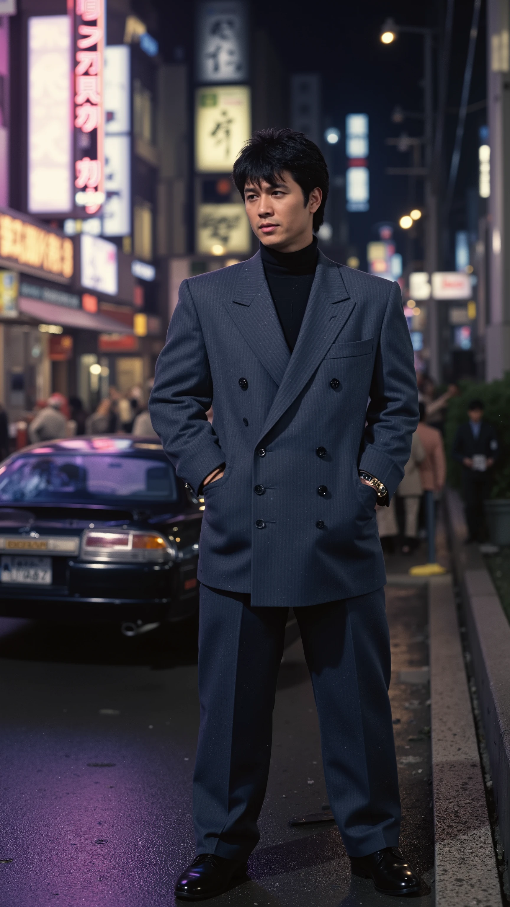 Japan as a man in the 1980s, Japanese, 1 male, sleek jet-black hair styled in a voluminous, slicked-back look with subtle waves, sharp chiseled jawline with a clean-shaven face, intense dark brown eyes filled with quiet determination, wearing a stylish deep charcoal-gray double-breasted suit with wide shoulder pads, a black turtleneck underneath, polished black leather dress shoes, accessorized with a sleek gold wristwatch and a silver tie pin, broad shoulders, alluring, shows his male character's full figure, athletic body, chiseled face, full body, extremely handsome, god-like, masculine shape, perfect anatomy, standing in a neon-lit Tokyo street in the 1980s, glowing kanji signs reflecting off the wet pavement, a black Toyota Supra parked beside him, the soft hum of city life and distant jazz music playing from a small bar in the background, photorealistic, masterpiece, realistic, high contrast, 8k, HD, high definition detailed, detailed, hyper detailed, realistic skin texture, best quality, ultra high resolution, Nikon D850 film, Stock Photography, Kodak Portra 400 F1.6 camera, rich lens colors, hyper realistic, no text, very detailed eyes, cinematic