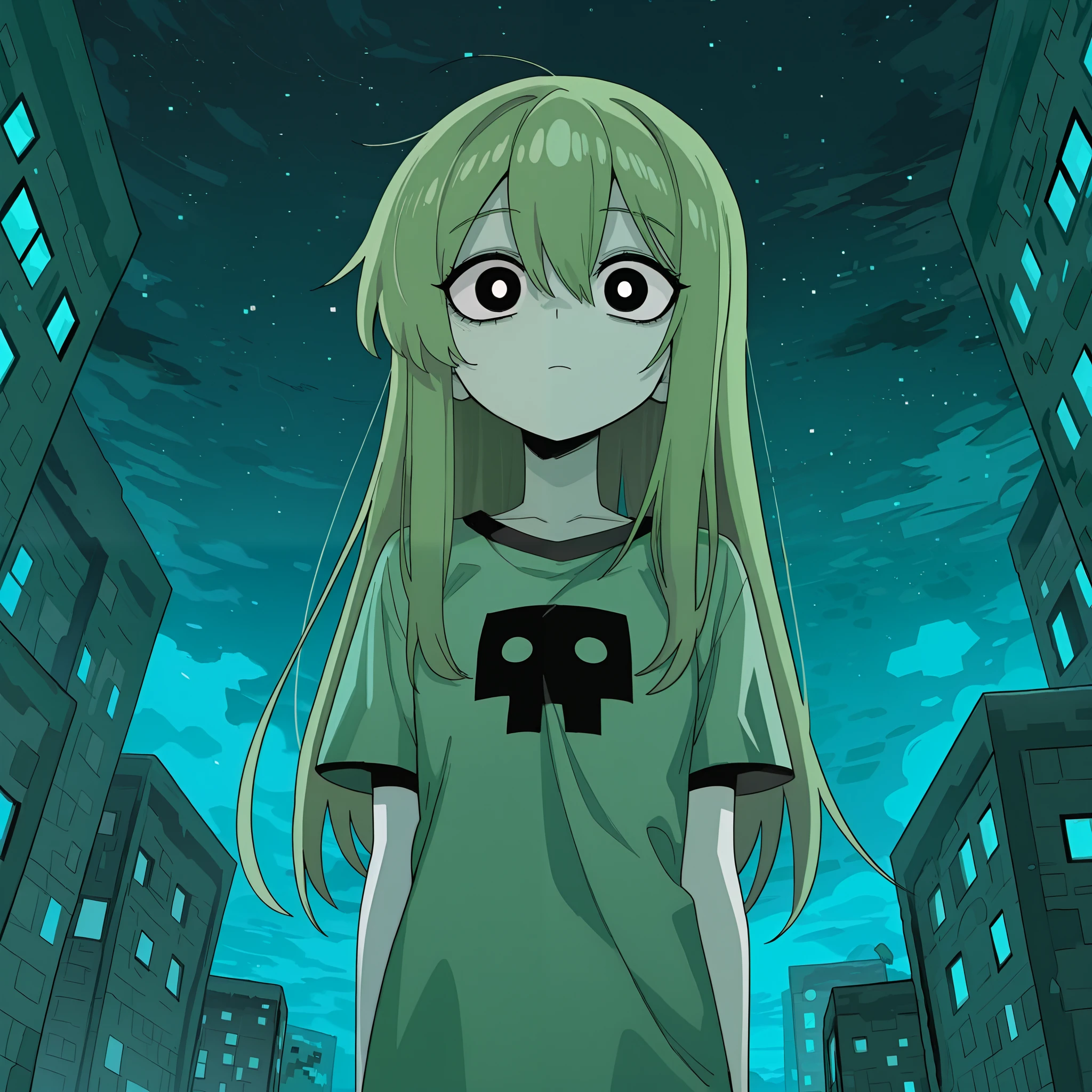 masterpiece, best quality, amazing quality, very aesthetic, high resolution, ultra-detailed, absurdres, newest, Anime screencap, highly detailed, high quality, hyper-Detailed, mistico_ILL. BREAK. 1girl, solo, minecraft creeper shirt, night
