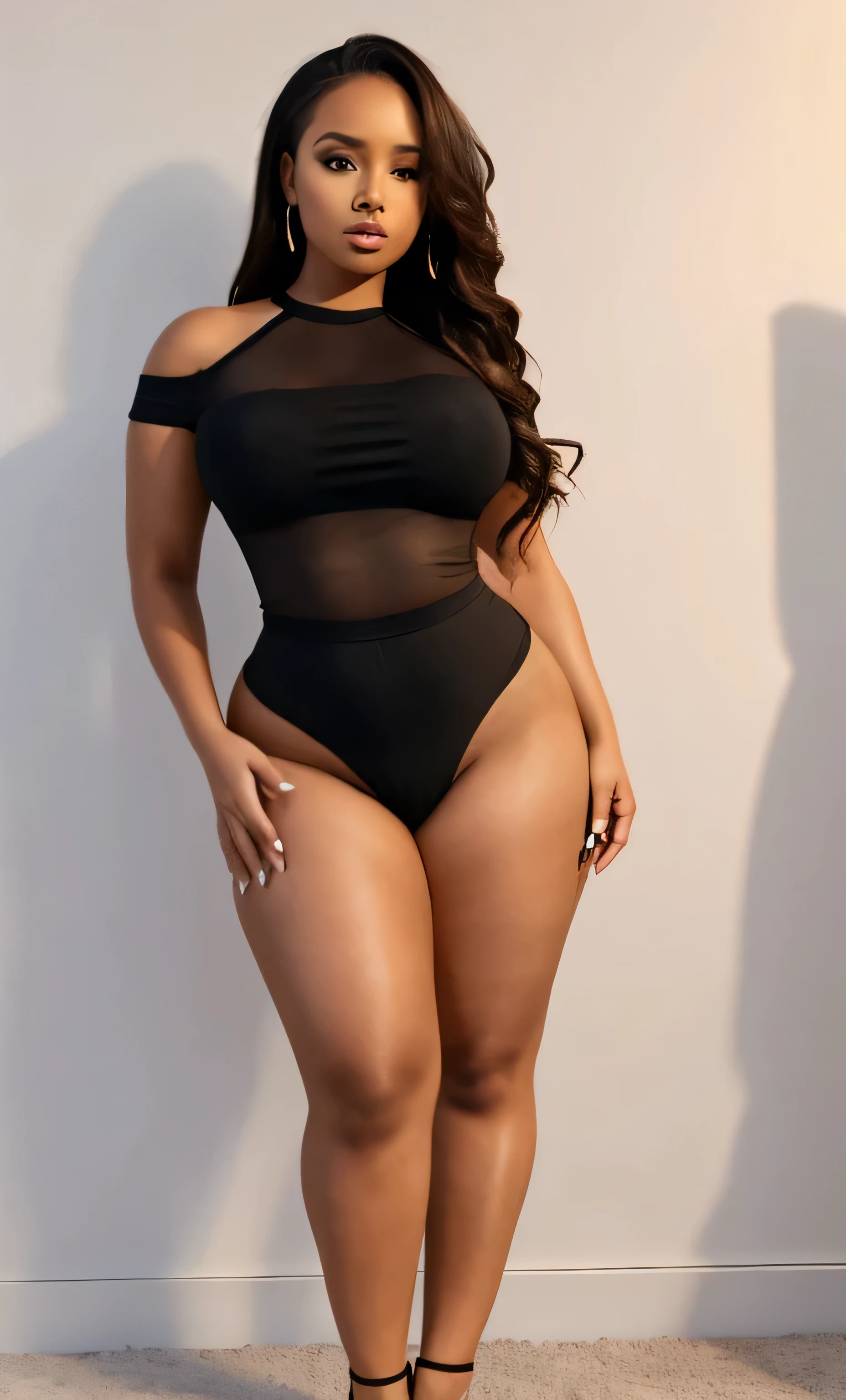 (8k, RAW photos, top quality, masterpiece: 1.2), (realistic, photorealistic: 1.37), (High Quality), (Ultra realistic), (High Details), (Face detail), (Shadow Detail), (big breast : 1.5), 1 girl, solo, Yelloe eyes, Black hair, short hair, Black Lips, Blush, (Extreamly Face Detailed), (Ultra Face Detailed), black Bodystocking, Transparent Bodystocking, (Hand detailed), Fingers Detailed, full body, (thin body), (slim body), (slim stomach), (Thick thighs : 1.4), (wide hips : 1.5), (Long Legs : 1.7), full body shoot, black heels