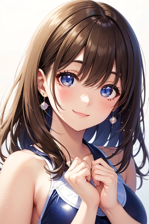 (high-quality, breathtaking),(expressive eyes, perfect face) portrait, 1girl, female, solo, adult woman, mum, age late 20's, brown hair, Heterochromia left eye brown and right eye light blue, medium hair shoulder length, white ribbon in hair, white headband in hair, soft wavy hair, gentle smile, loose hair, side bangs, looking at viewer, portrait, happy expression, modern clothing, V neck short sleeved blue shirt, flowy shirt, off the shoulder coat, black jeans, small necklace, elegant, mature, height 5"6, hairstyle similar to haruhi suzumiya