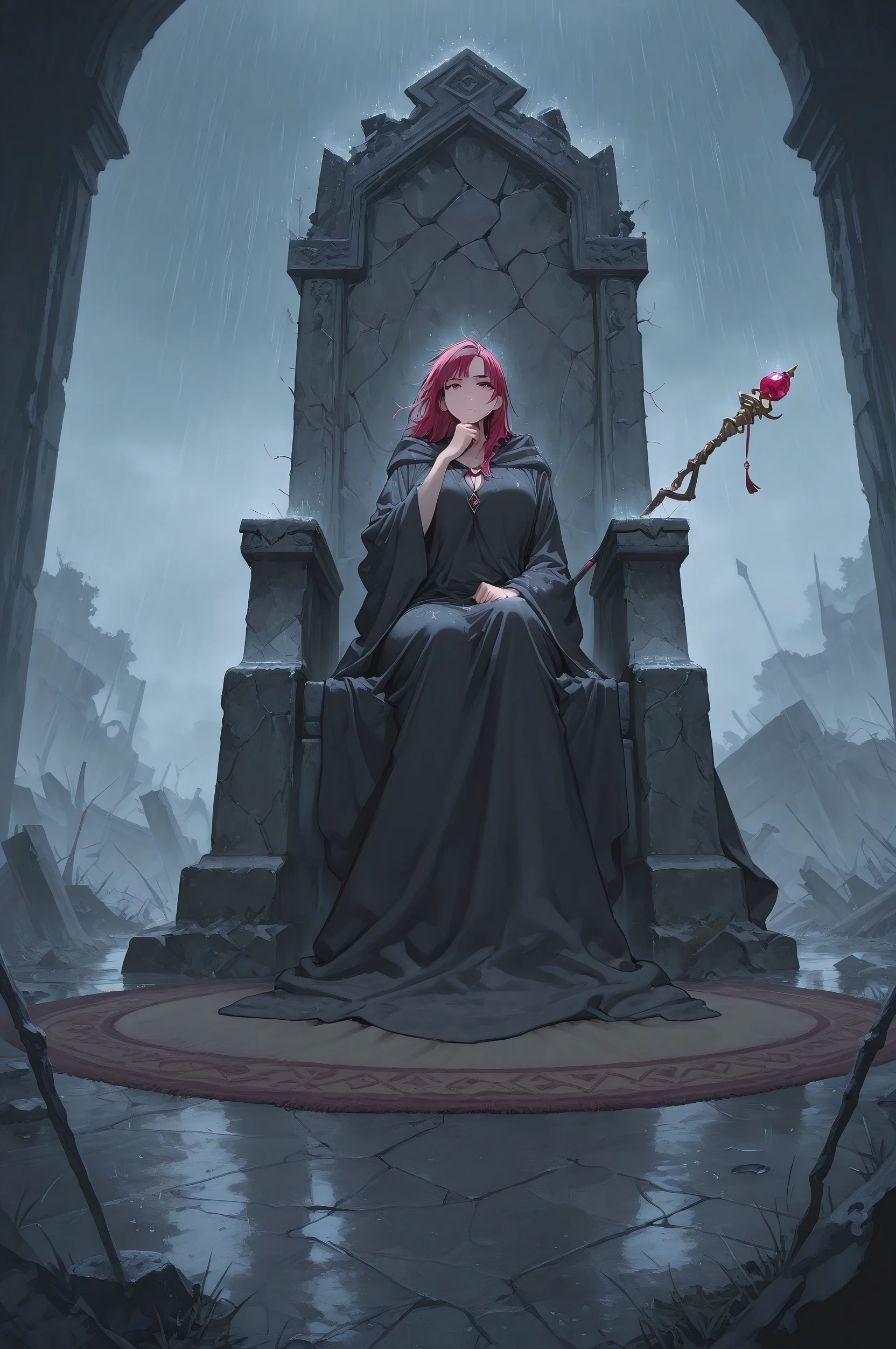 In old rug robe,((beautiful WOMan)) she hold staff in one hand and thinking, sitting in ruins on old stone cracked throne, weather is gloomy, rainy, wind howling 