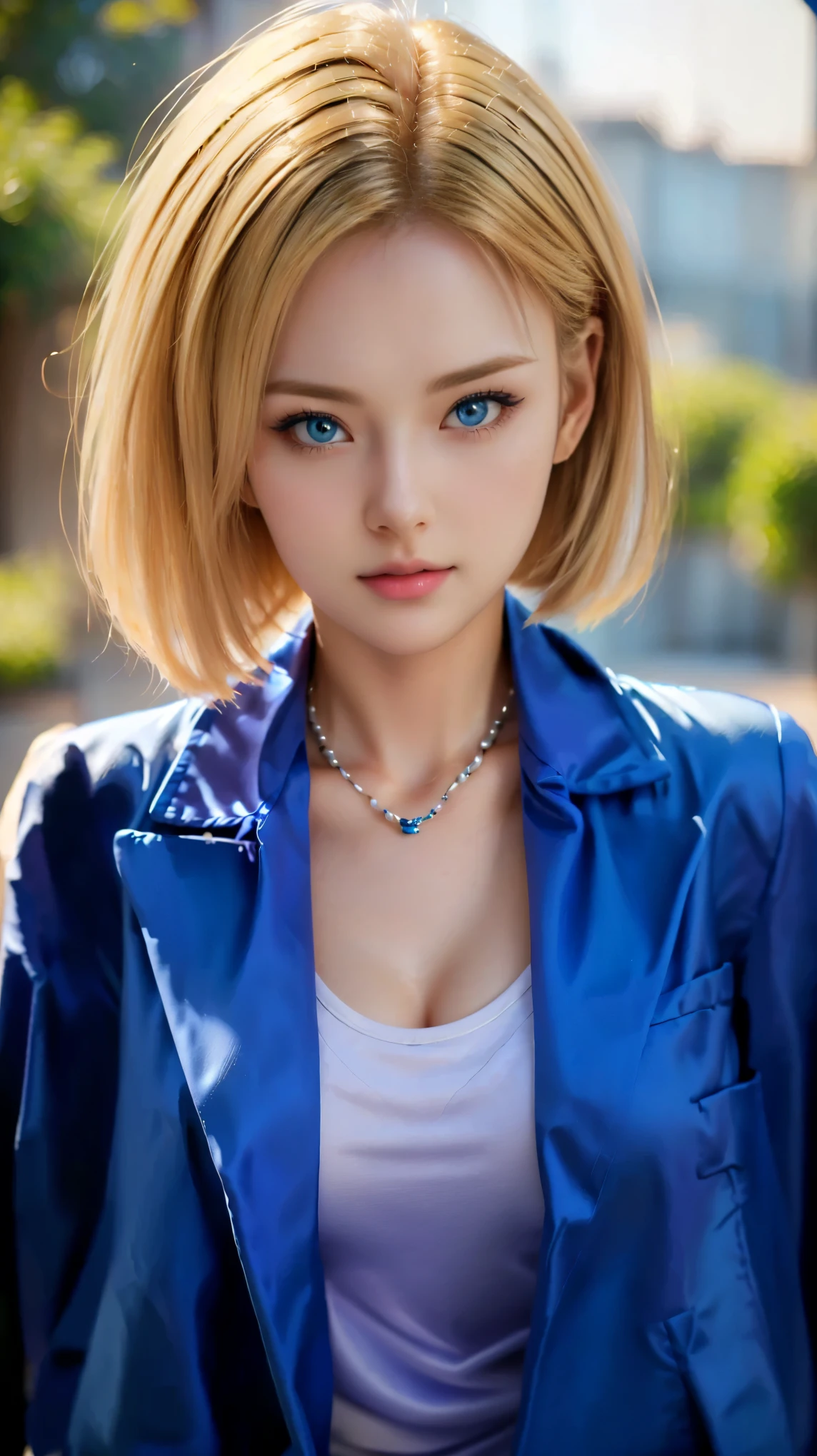 a close up of a woman with a blue jacket and a necklace, realistic style, hyper realistic, realistic, girl in real life, photorealistic gitl, realistic, realistic young real girl, perfect android girl, realism style, highly detailed, realistic - anime, realistic artstyle, real cgi style. 1girl, coplay android 18, dragon ball, blonde hair, short hair, bright blue eyes, big breast, thin lips, shiny lips, sexy body, russian girl, realistic. 