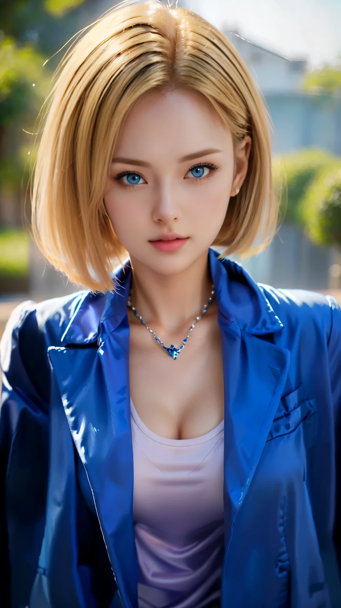 a close up of a woman with a blue jacket and a necklace, realistic style, hyper realistic, realistic, girl in real life, photorealistic gitl, realistic, realistic young real girl, perfect android girl, realism style, highly detailed, realistic - anime, realistic artstyle, real cgi style. 1girl, coplay android 18, dragon ball, blonde hair, short hair, bright blue eyes, big breast, thin lips, shiny lips, sexy body, russian girl, realistic. 