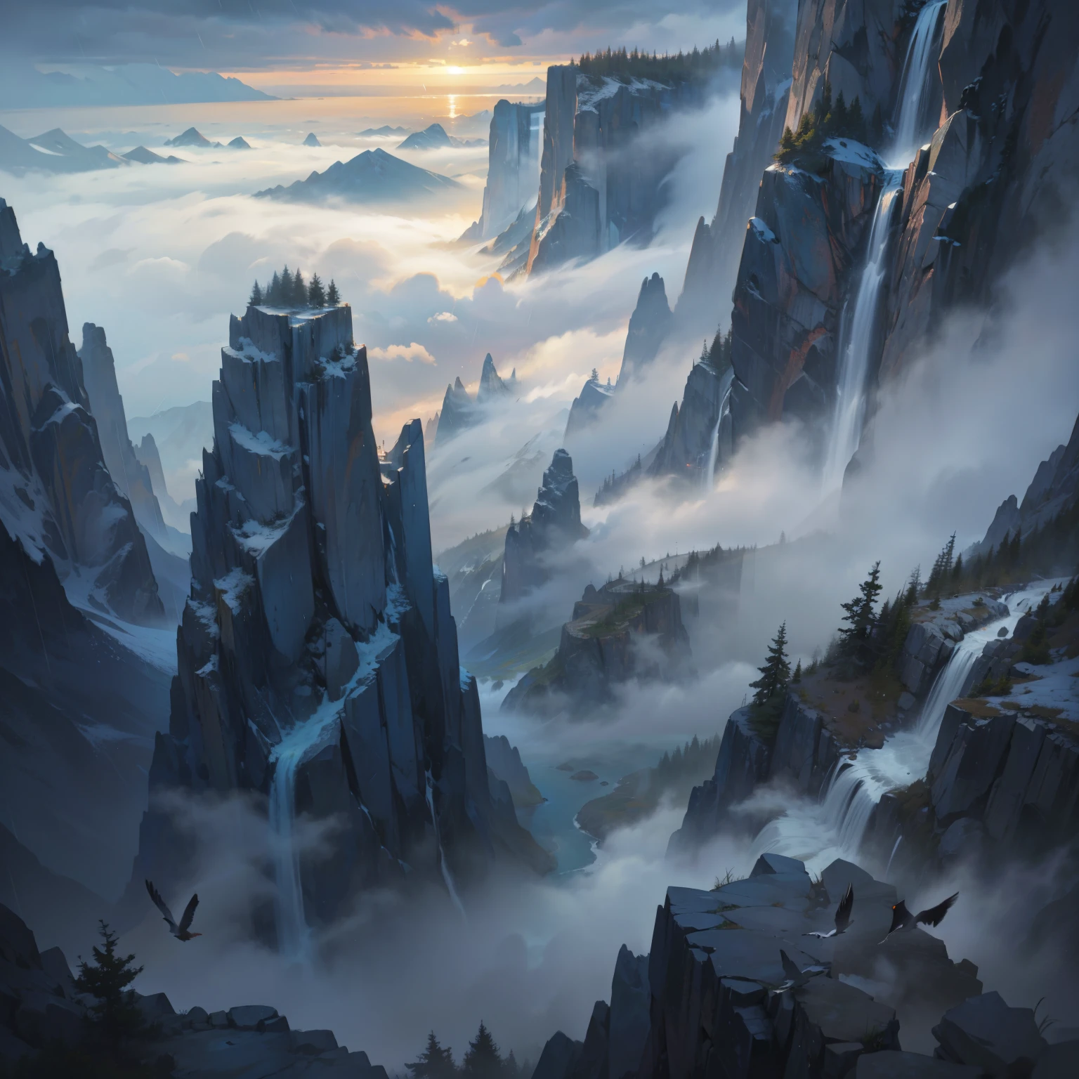 A breathtaking view of misty mountains partially hidden by rain clouds, with waterfalls cascading down rocky cliffs and birds flying through the fog.
